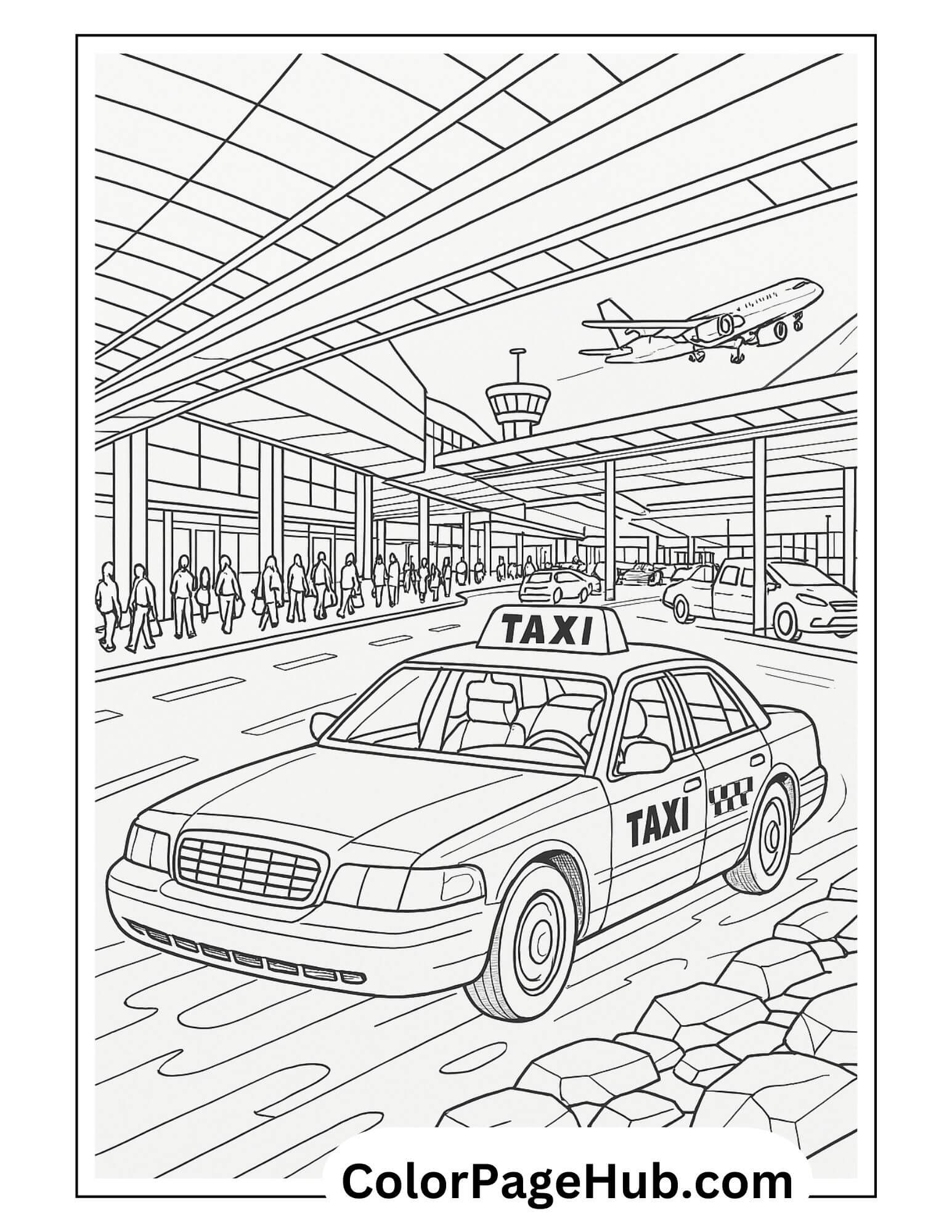 Taxi picking up passengers at a busy airport with plane overhead and city vibes – detailed urban scene for cars coloring page fun