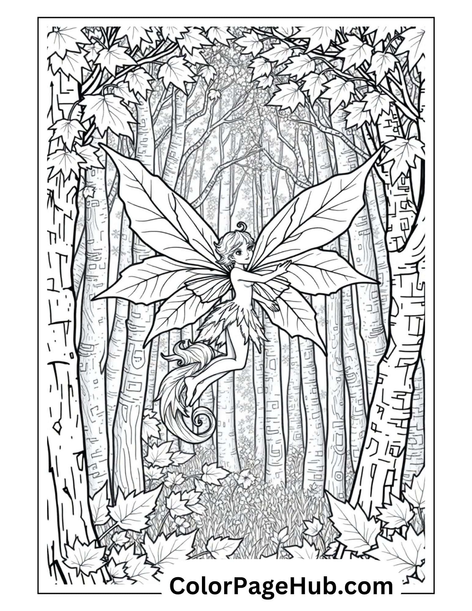 Woodland fairy with leaf-shaped wings flying through birch forest with falling maple leaves - autumn-themed fairy coloring page for adults