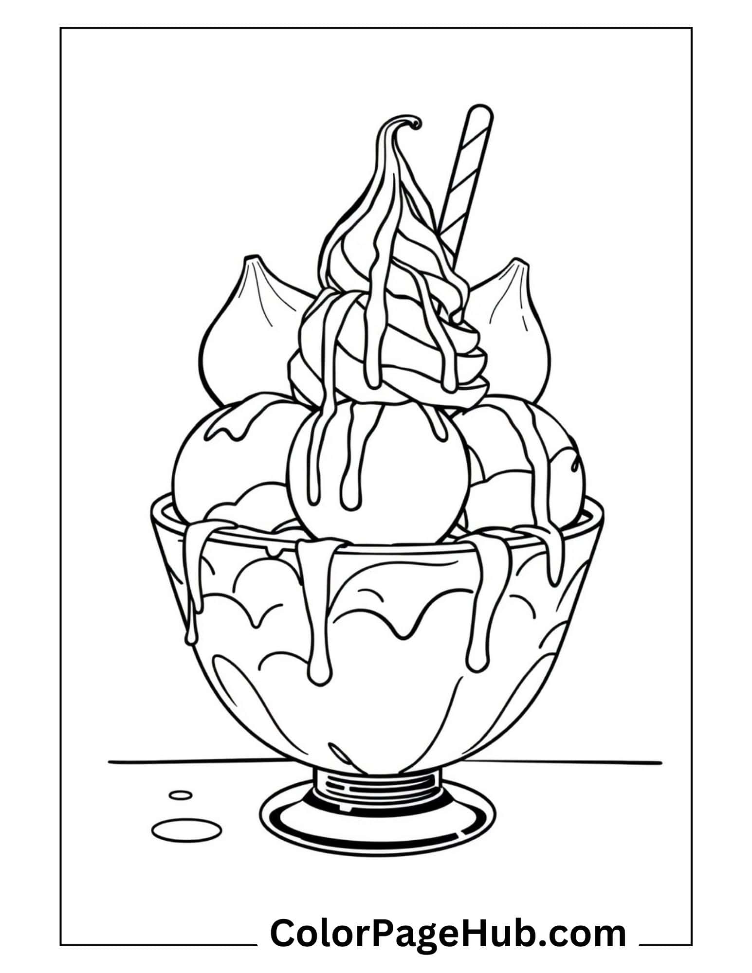 Sundae bowl ice cream coloring page showcasing a classic dessert with whipped topping, syrup drizzles and decorative presentation.