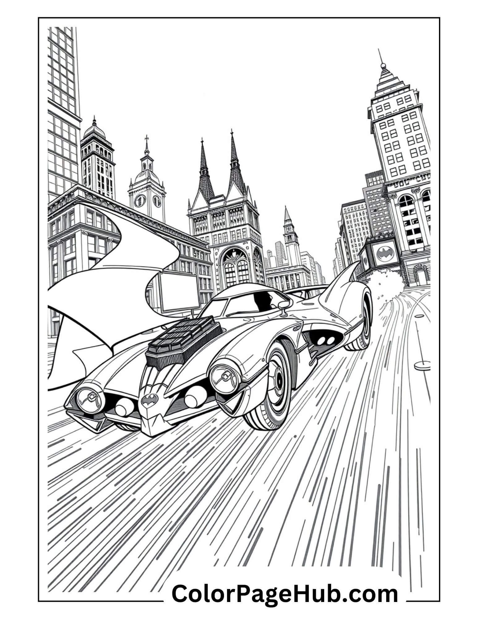 Batmobile speeding through Gotham City skyline - superhero Cars Coloring Page with detailed city architecture