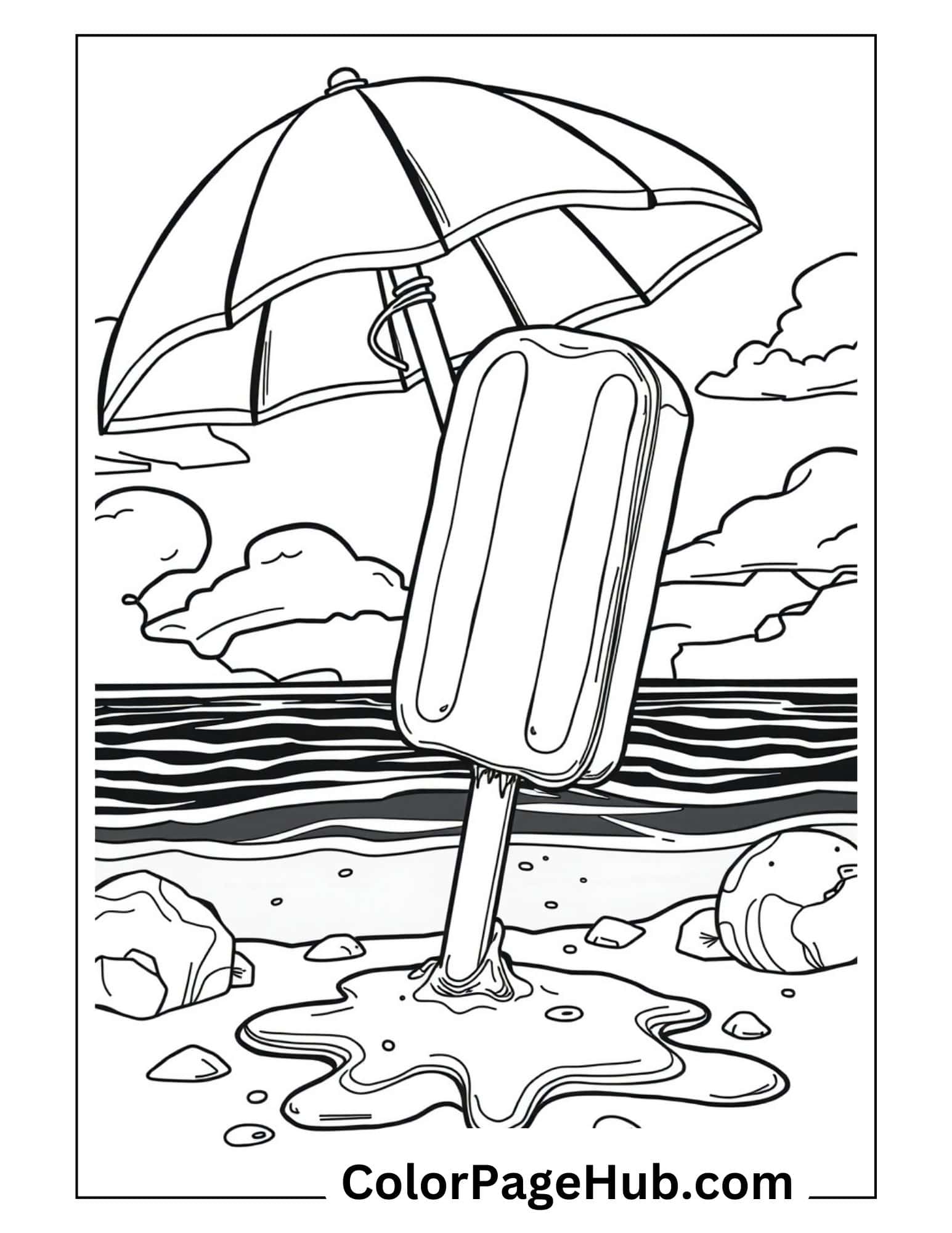 Beach day ice cream coloring page featuring a melting popsicle under a beach umbrella by the ocean shore, perfect for summer fun.