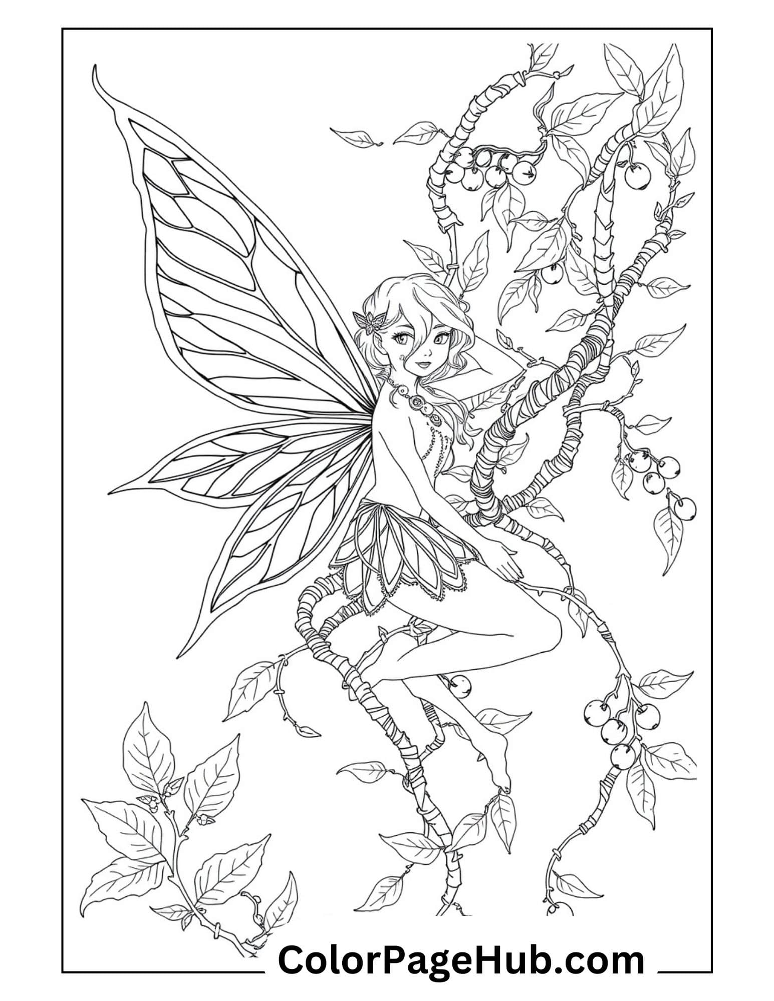 Fairy Coloring Page with a beautiful fairy sitting on a vine surrounded by leaves and berries, perfect for kids and fantasy lovers