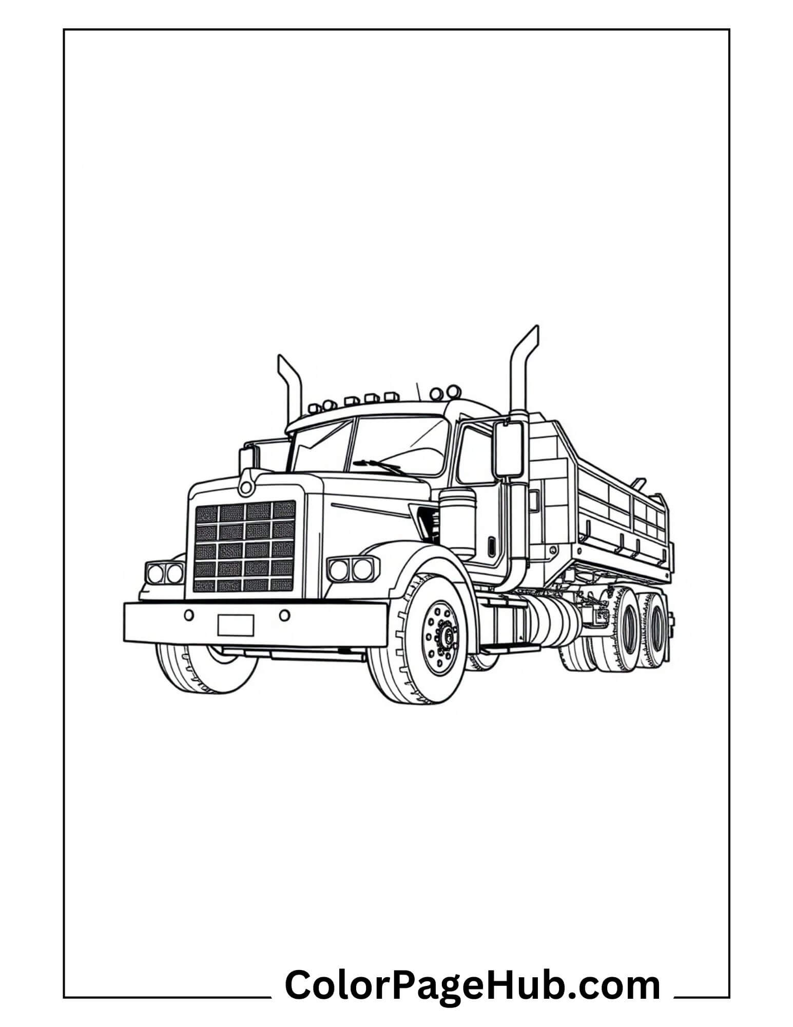 Heavy-duty dump truck with detailed cab and wheels - construction vehicles and commercial cars coloring page for children who love big trucks