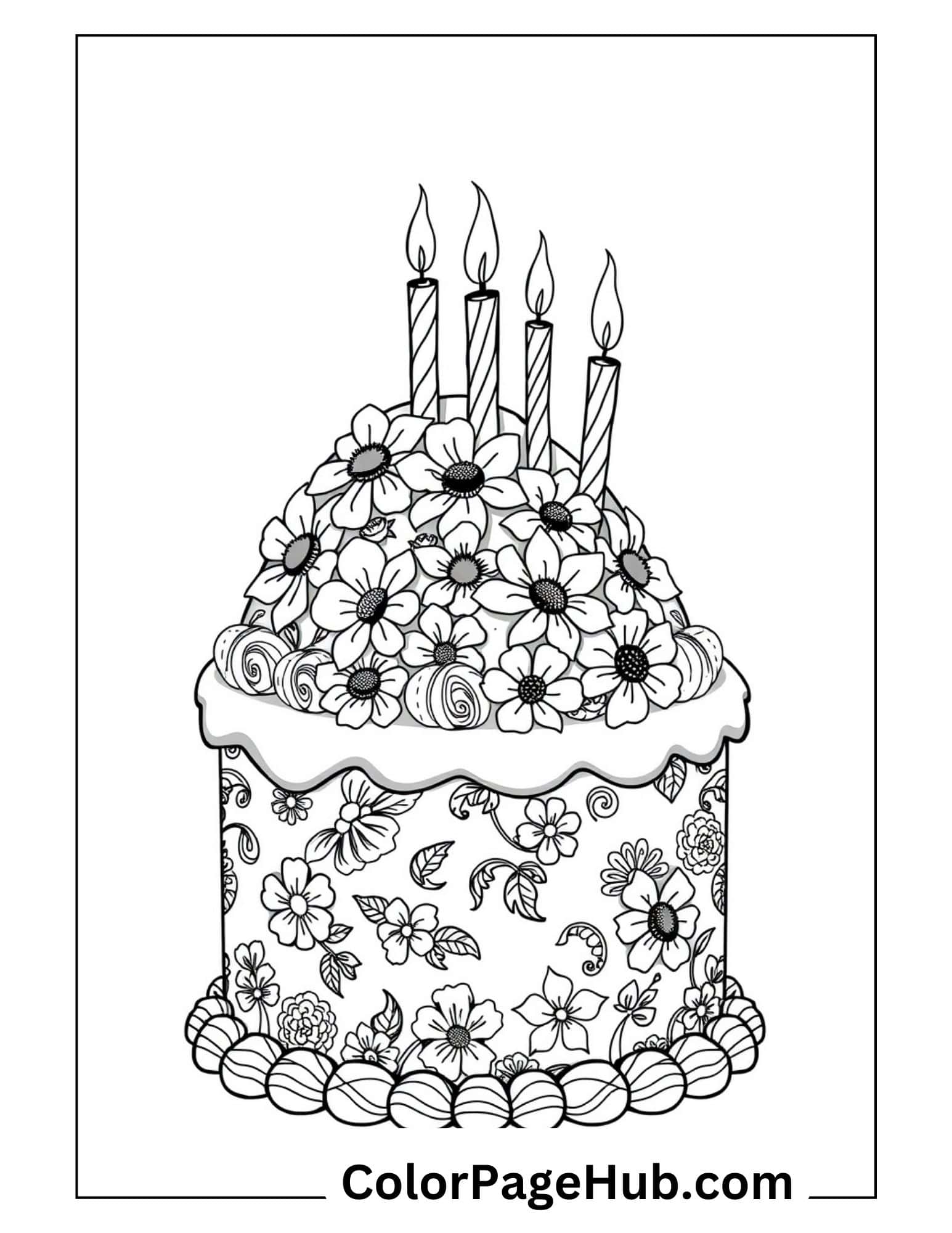 Birthday cake ice cream coloring page featuring floral decorations, celebration candles and elegant piping details for festive activities.