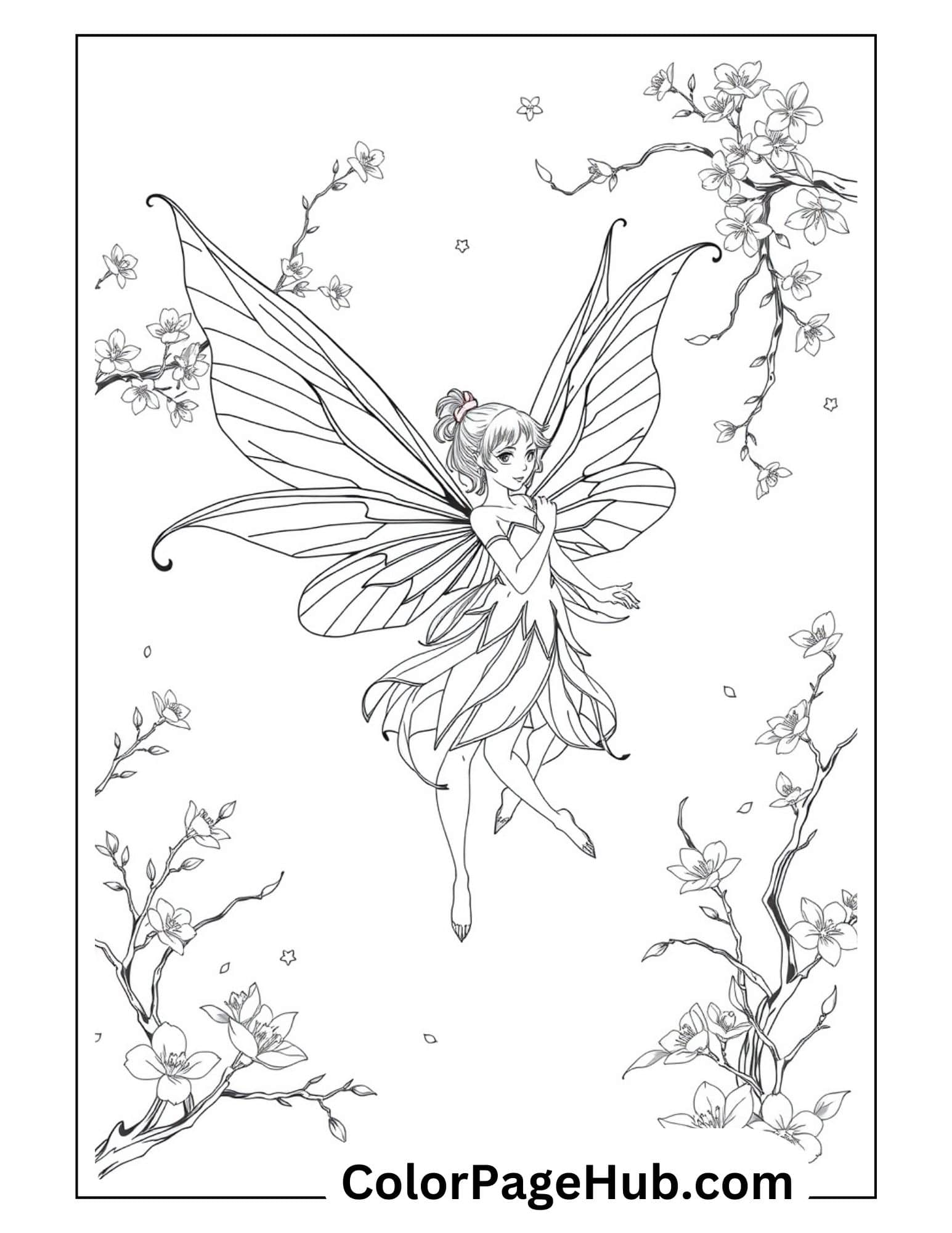 Fairy Coloring Page with a graceful fairy surrounded by delicate flowers and stars, ideal for imaginative coloring