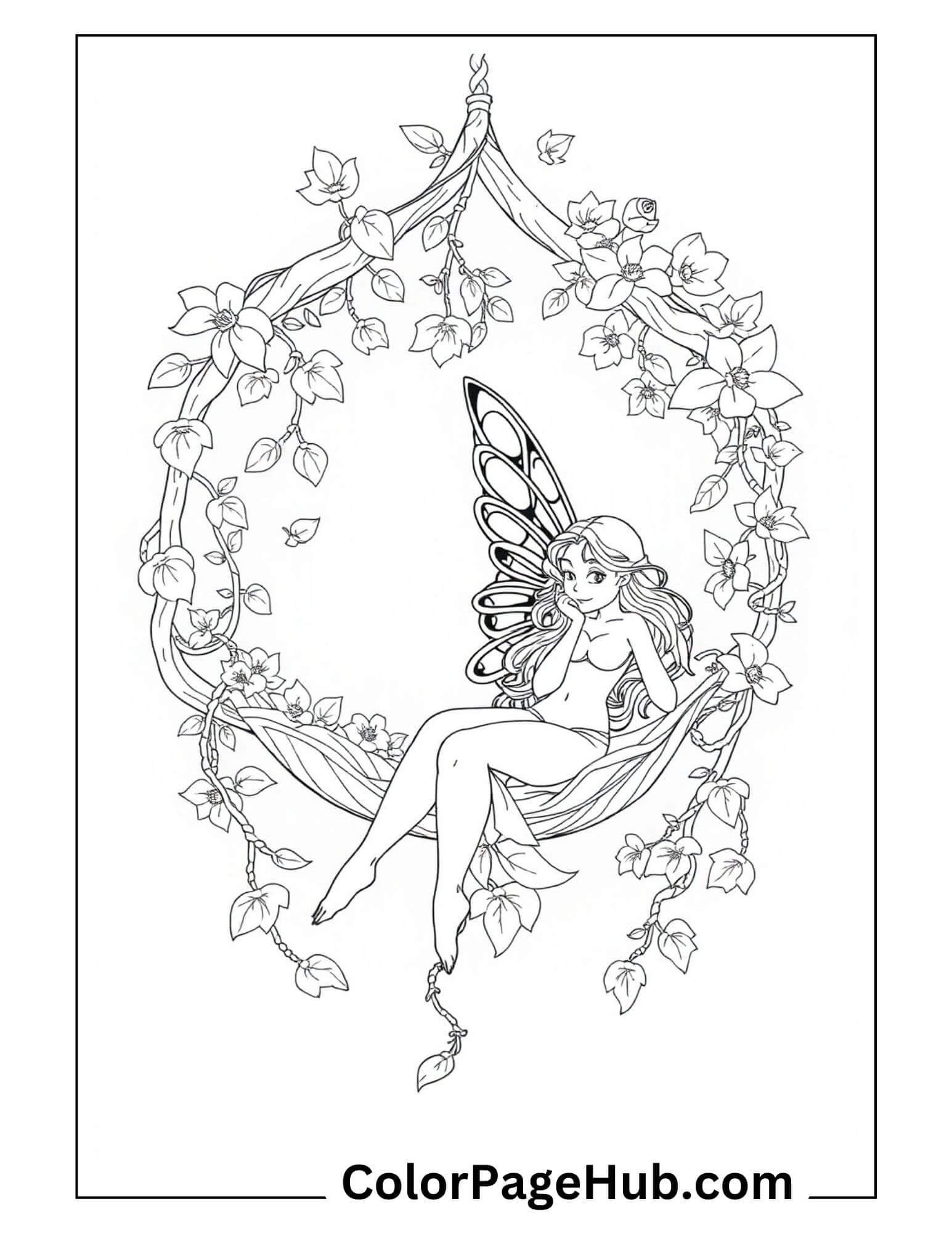 Garden fairy coloring page with winged fairy resting on a flowery vine swing, surrounded by blossoms and leaves in a magical floral arch