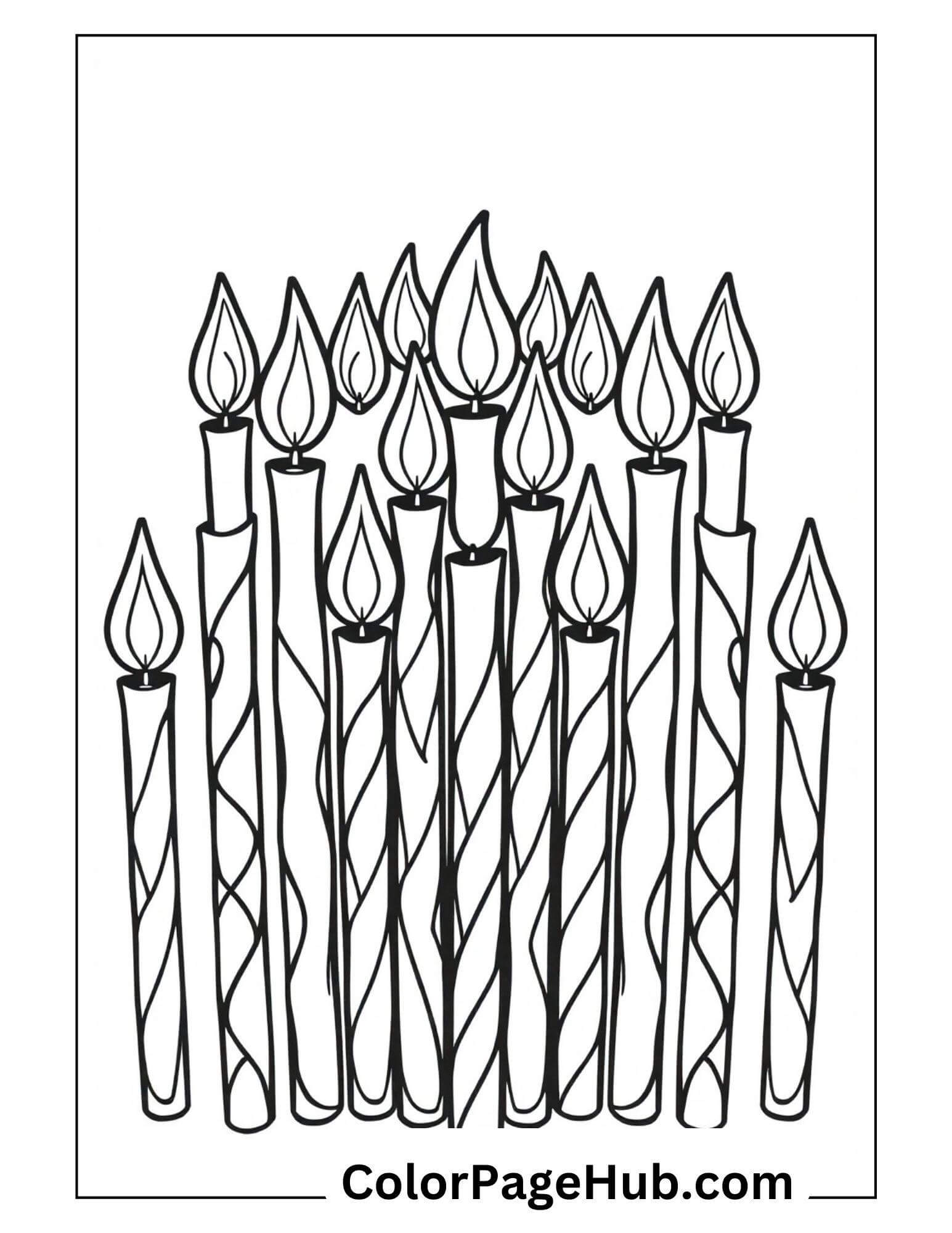 A Happy Birthday coloring page features sixteen intricately designed candles with swirling patterns. Each candle boasts a large flame at the top, and the image is beautifully framed with a rectangular border, offering a festive touch to your celebratory art endeavors.