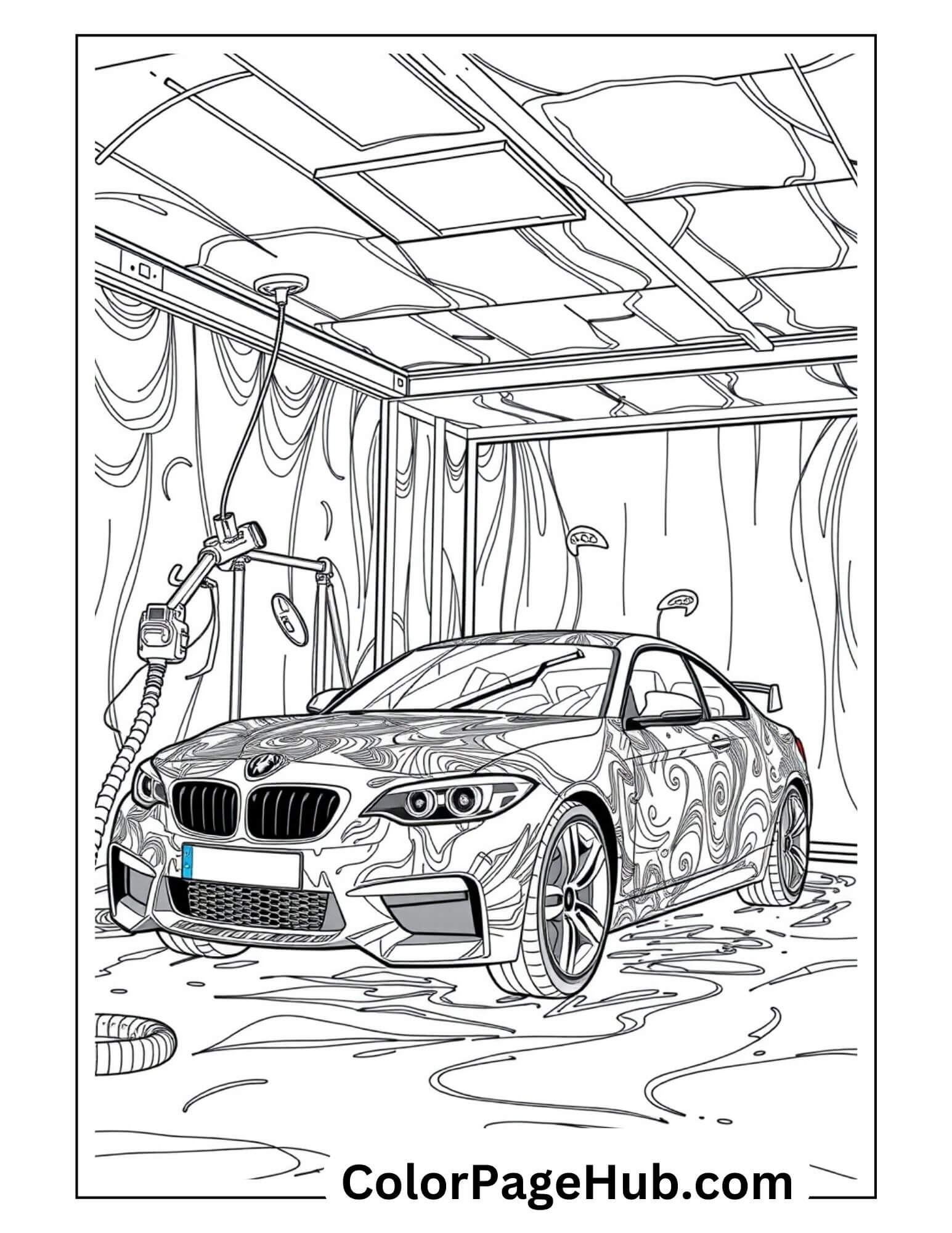 BMW sports car with swirl patterns in car wash garage - detailed Cars Coloring Page for automotive enthusiasts