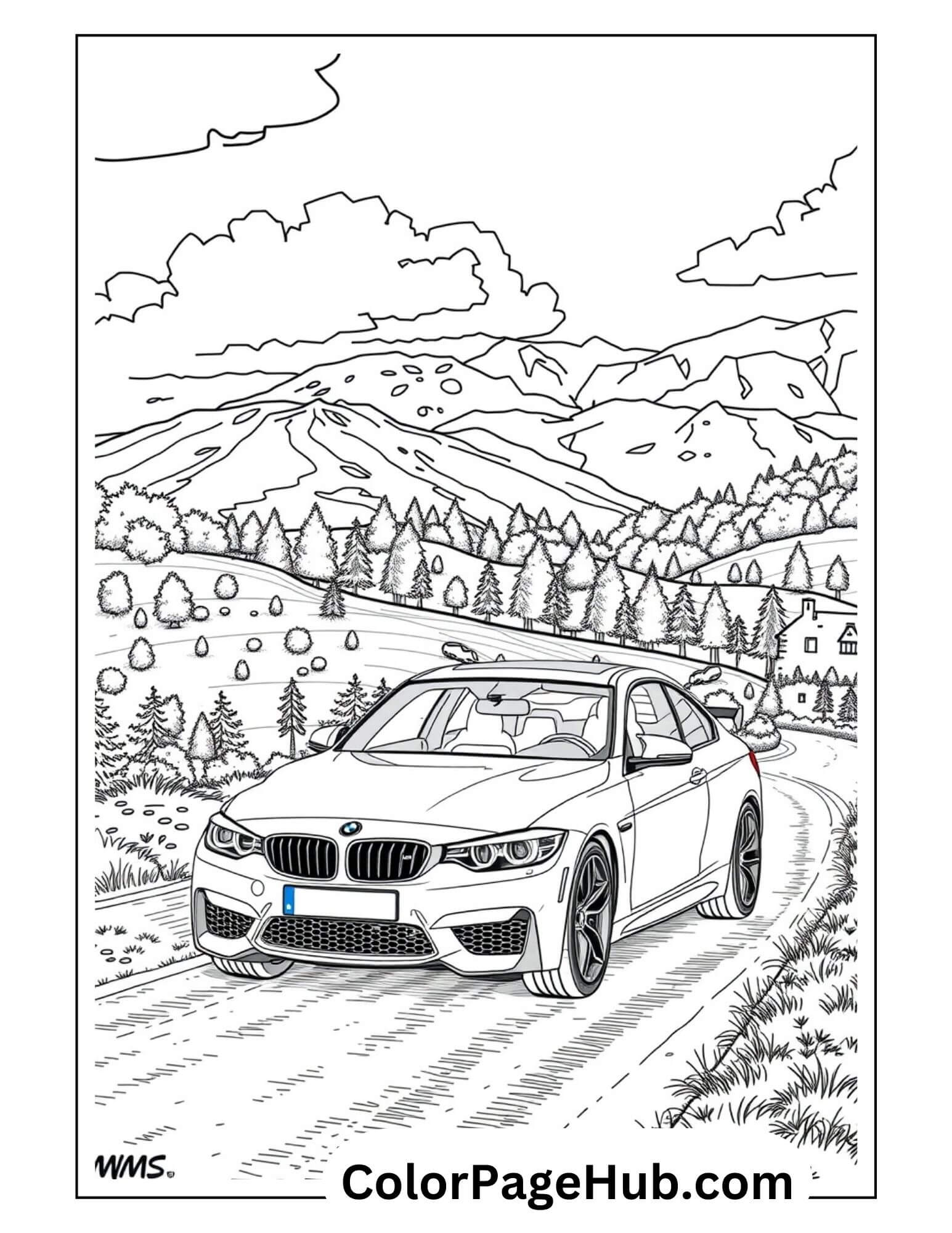 BMW sedan driving through mountain scenery with pine forests - luxury Cars Coloring Page for adults