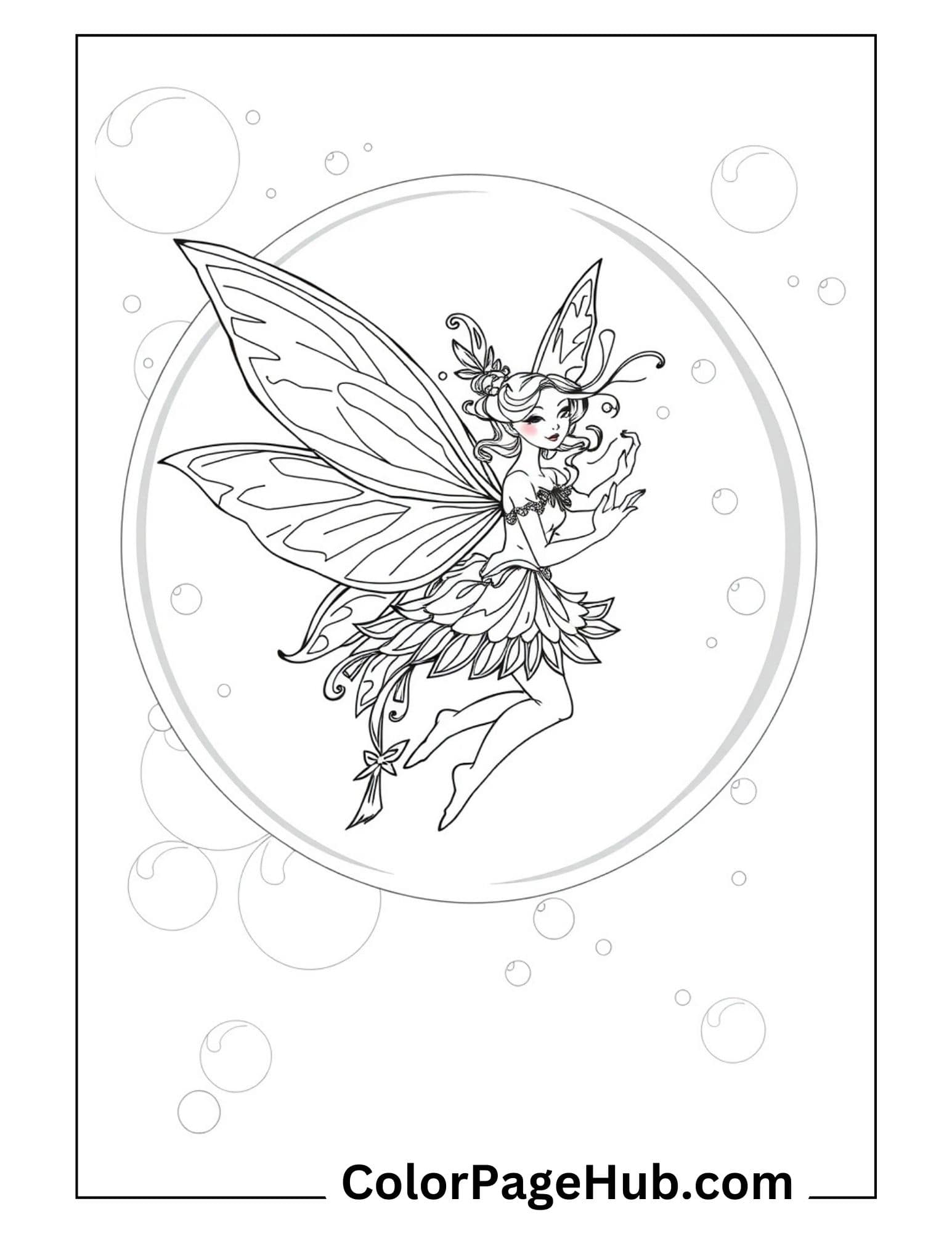 Fairy Coloring Page featuring a charming fairy with elegant wings and bubbles, perfect for creative coloring fun