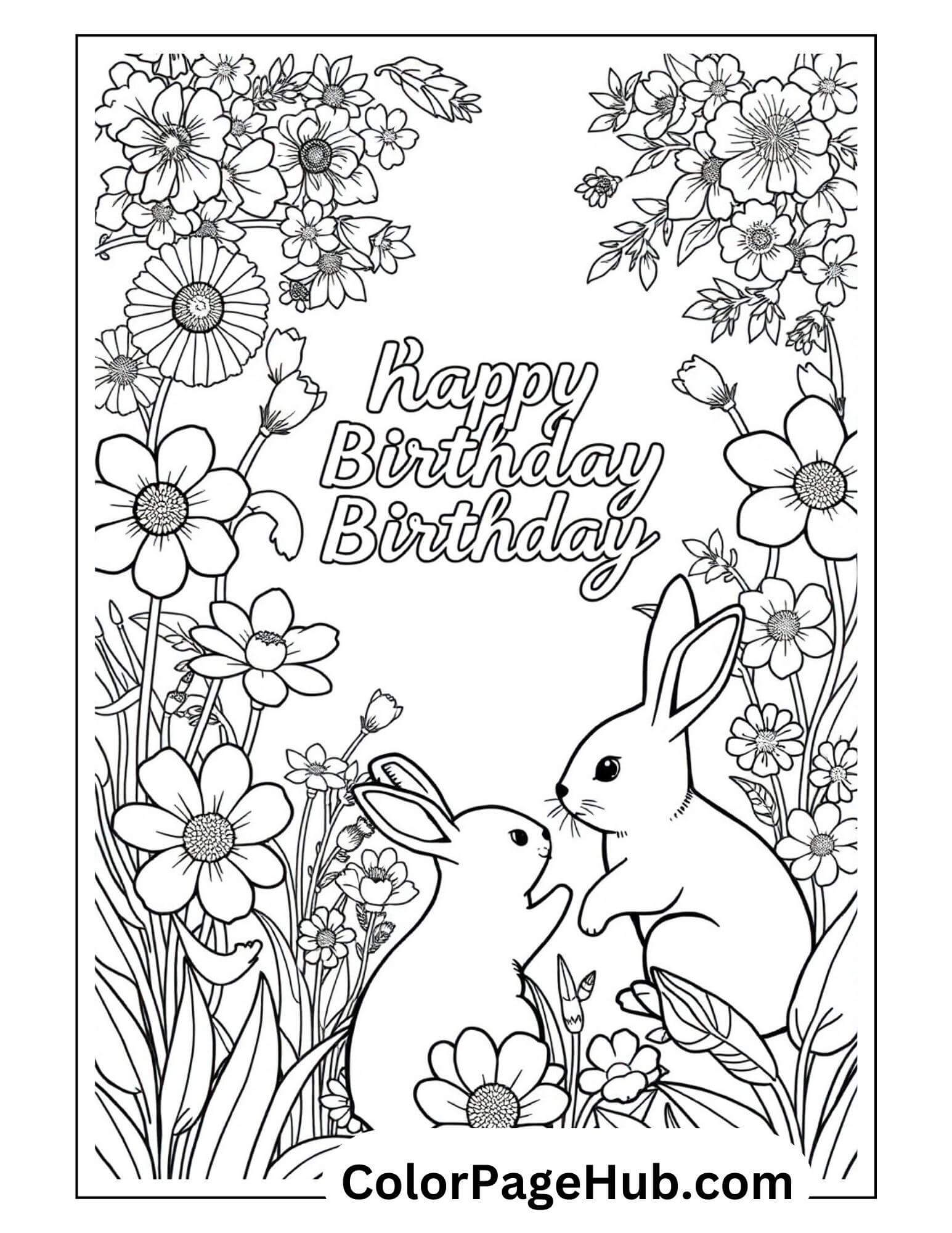A charming Happy Birthday coloring page featuring two adorable rabbits nestled among flowers and foliage. The words Happy Birthday Birthday grace the top, all beautifully outlined in black and white.