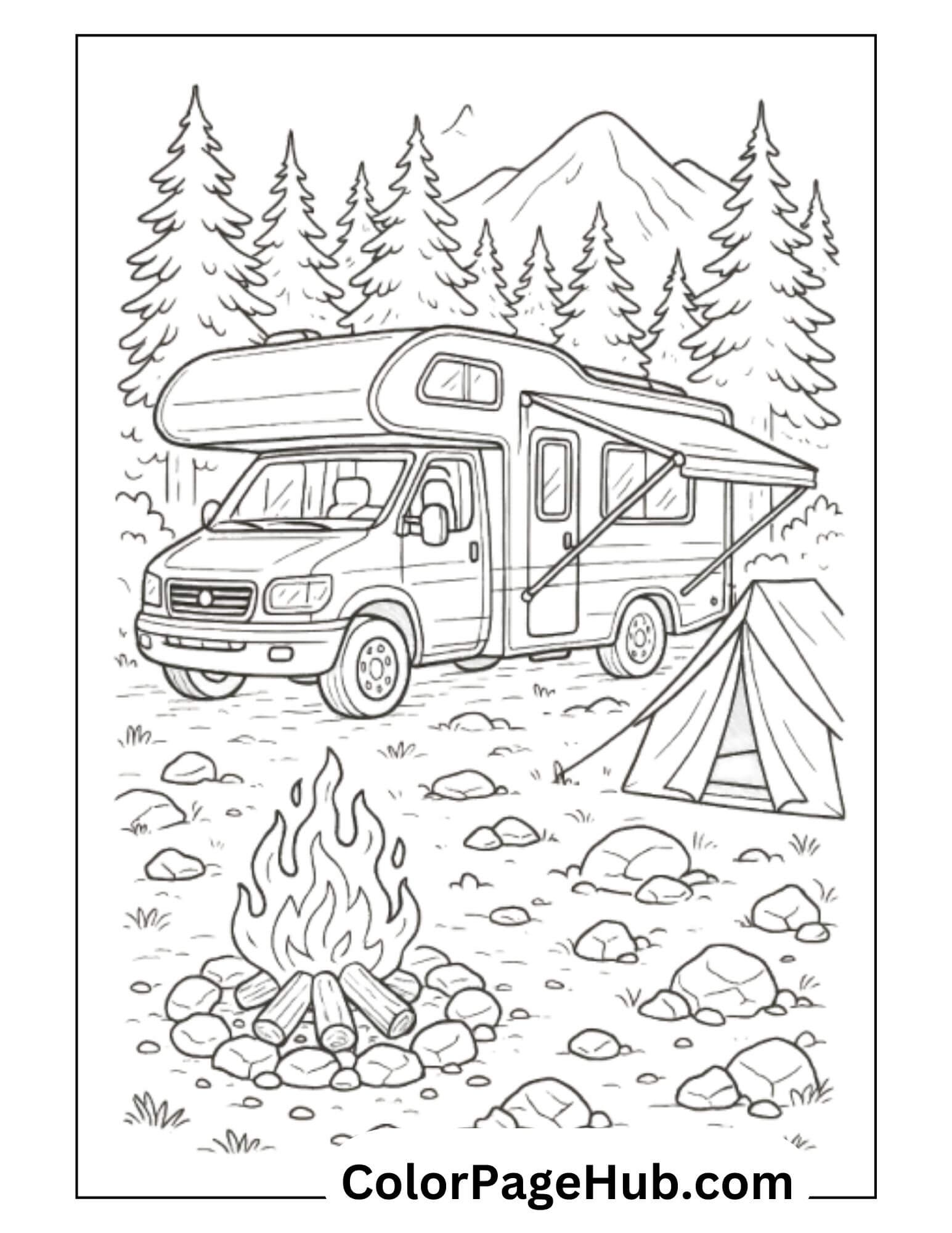 Cars Coloring Page featuring an RV by a forest campfire and tent, ideal for creative camping-themed coloring for children