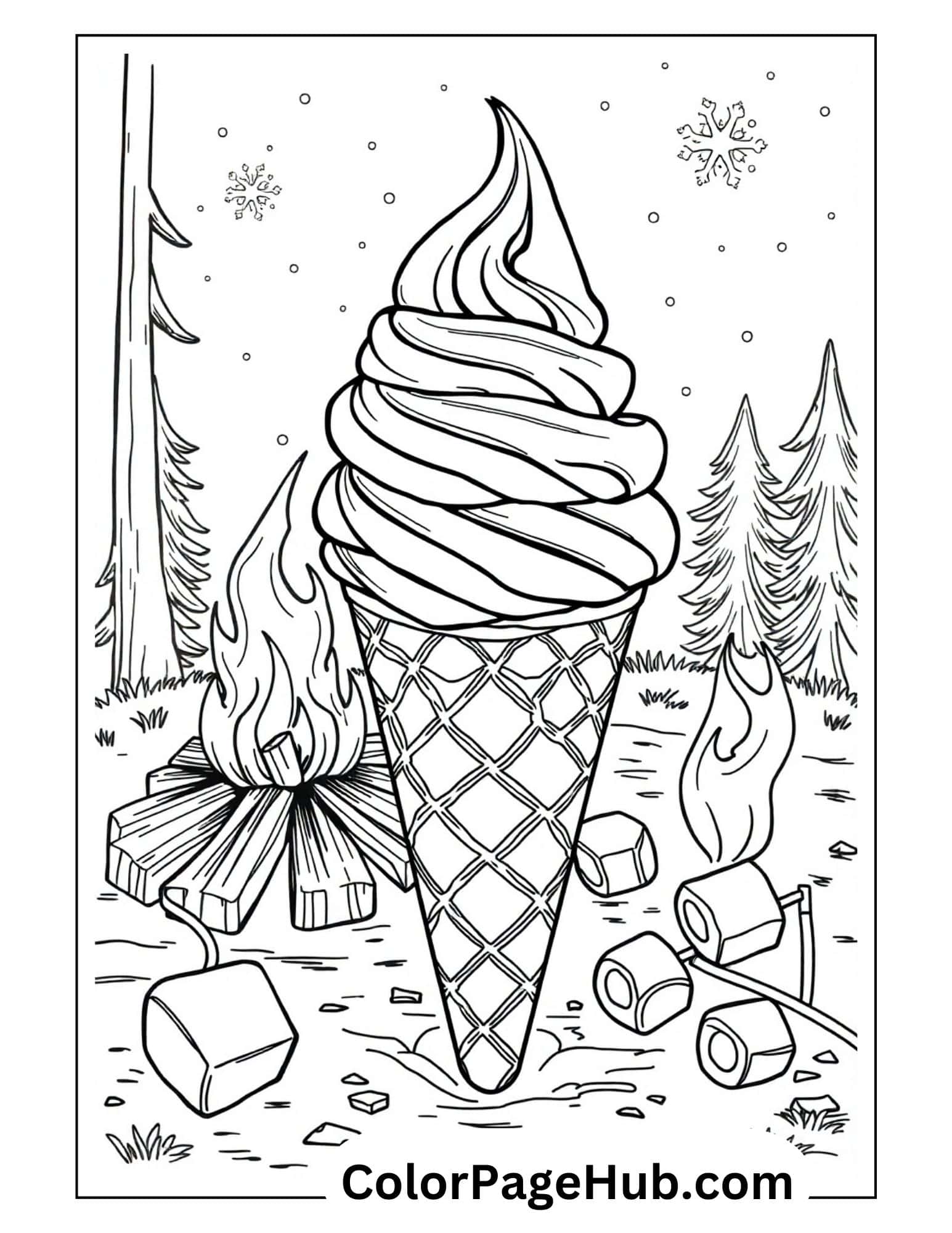 Winter campfire ice cream coloring pages featuring soft serve cone with marshmallows and snowy pines - perfect for cozy activities
