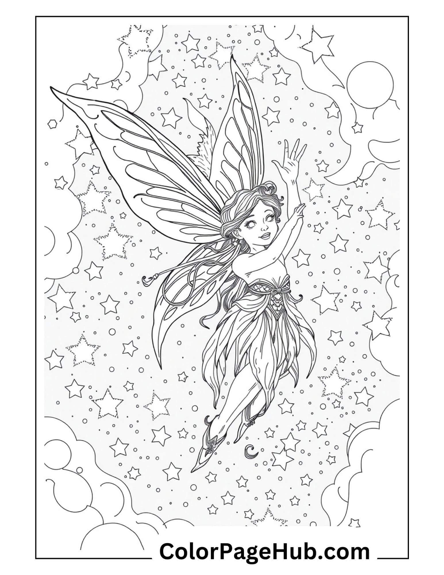Magical Fairy Coloring Page featuring a graceful fairy flying among stars and clouds in a dreamy night sky setting