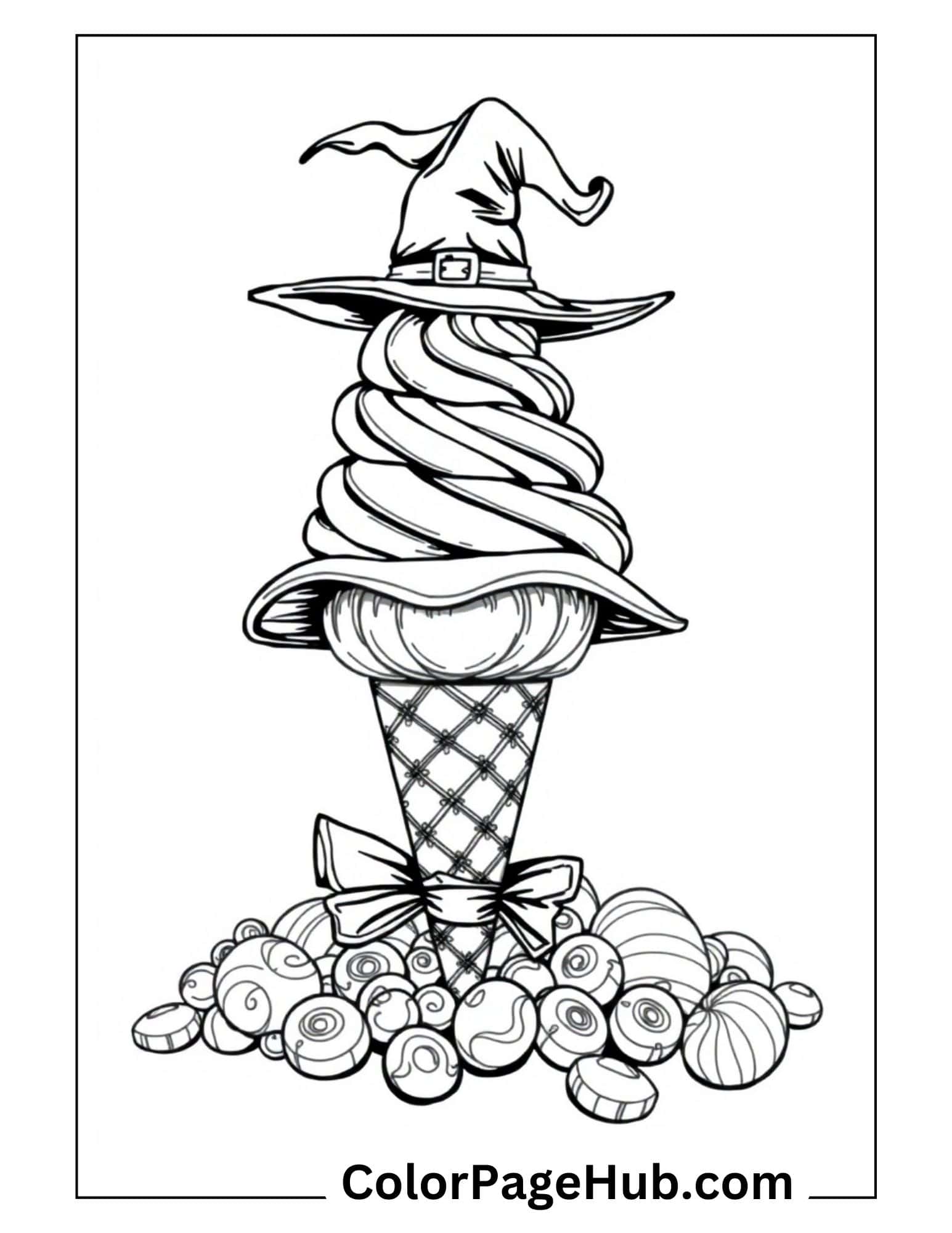 Halloween ice cream coloring page with a witchy soft serve cone topped with magical hat and surrounded by candies.