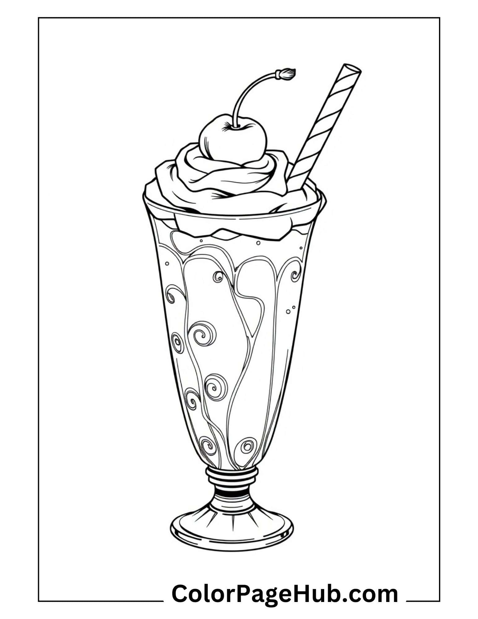 Classic ice cream coloring page depicting an elegant milkshake with cherry topping, decorative glass and swirly straw