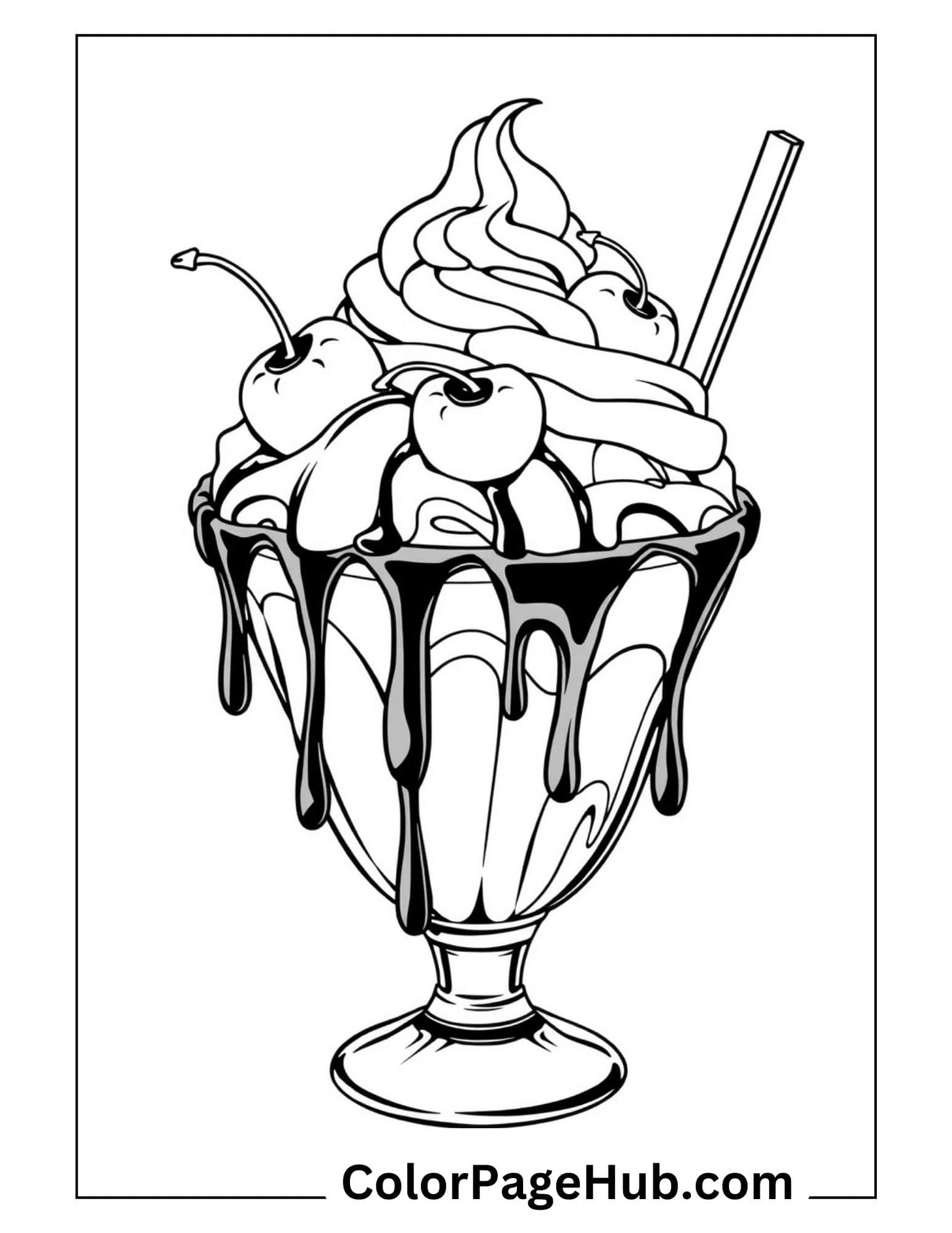 Classic sundae glass ice cream coloring page with cherries, whipped cream and chocolate syrup drizzle for detailed sweet treat art.
