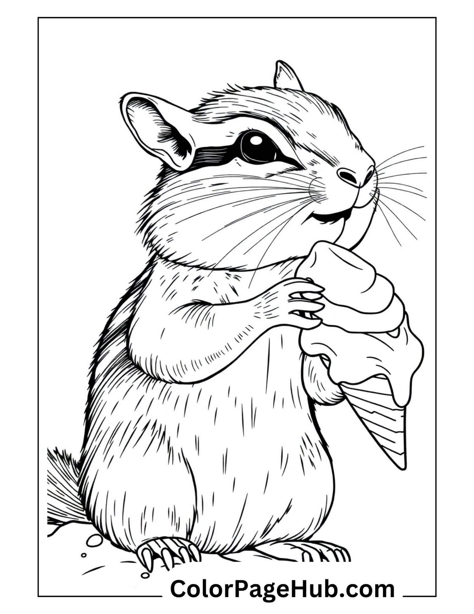 Chipmunk ice cream coloring page showing adorable rodent enjoying a sweet cone treat, perfect for animal and dessert lovers.