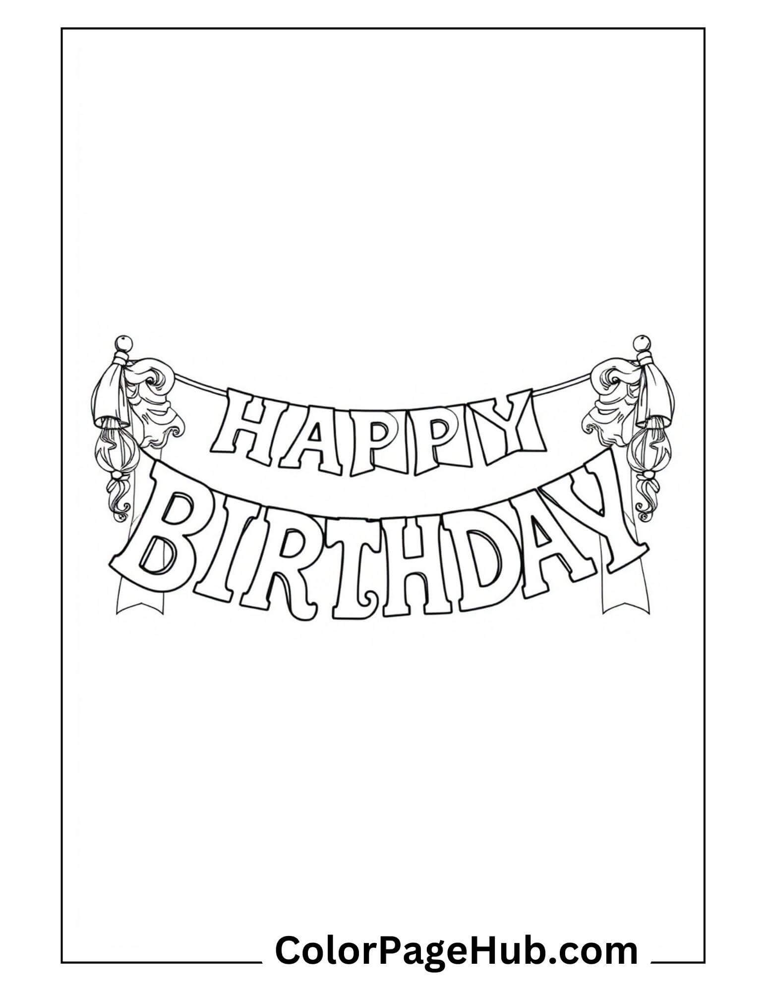 Black and white Happy Birthday coloring pages showcasing the words HAPPY BIRTHDAY in a playful font, displayed on two banners with decorative flourishes, ready to be colored.