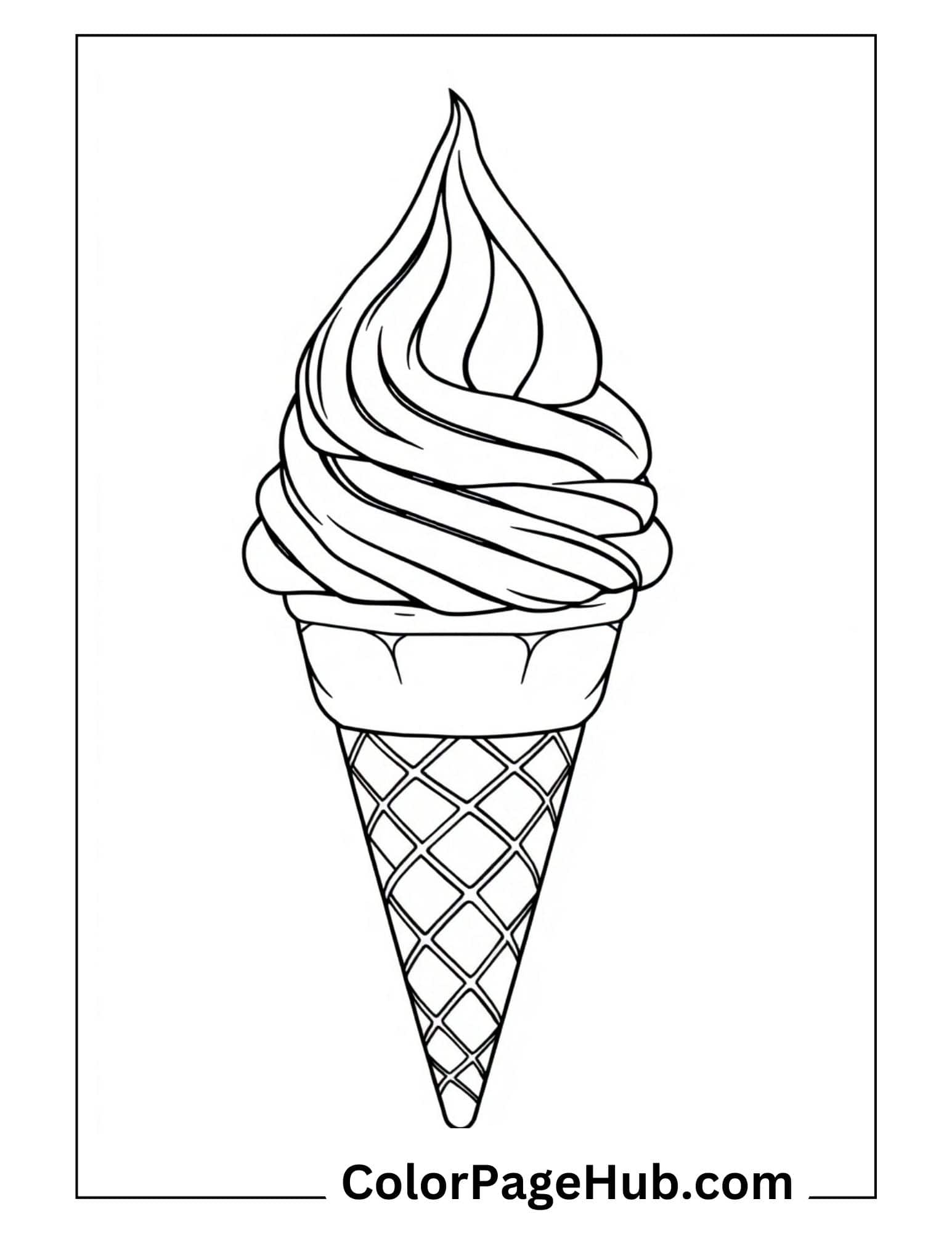 Classic soft-serve swirl in waffle cone with detailed texture lines - simple yet elegant Ice Cream Coloring Pages for beginners