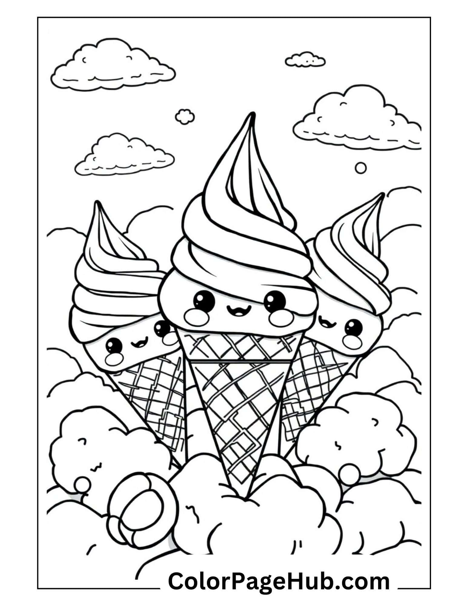 Kawaii ice cream coloring page with three smiling cones floating among clouds, perfect for children who love cute dessert characters.