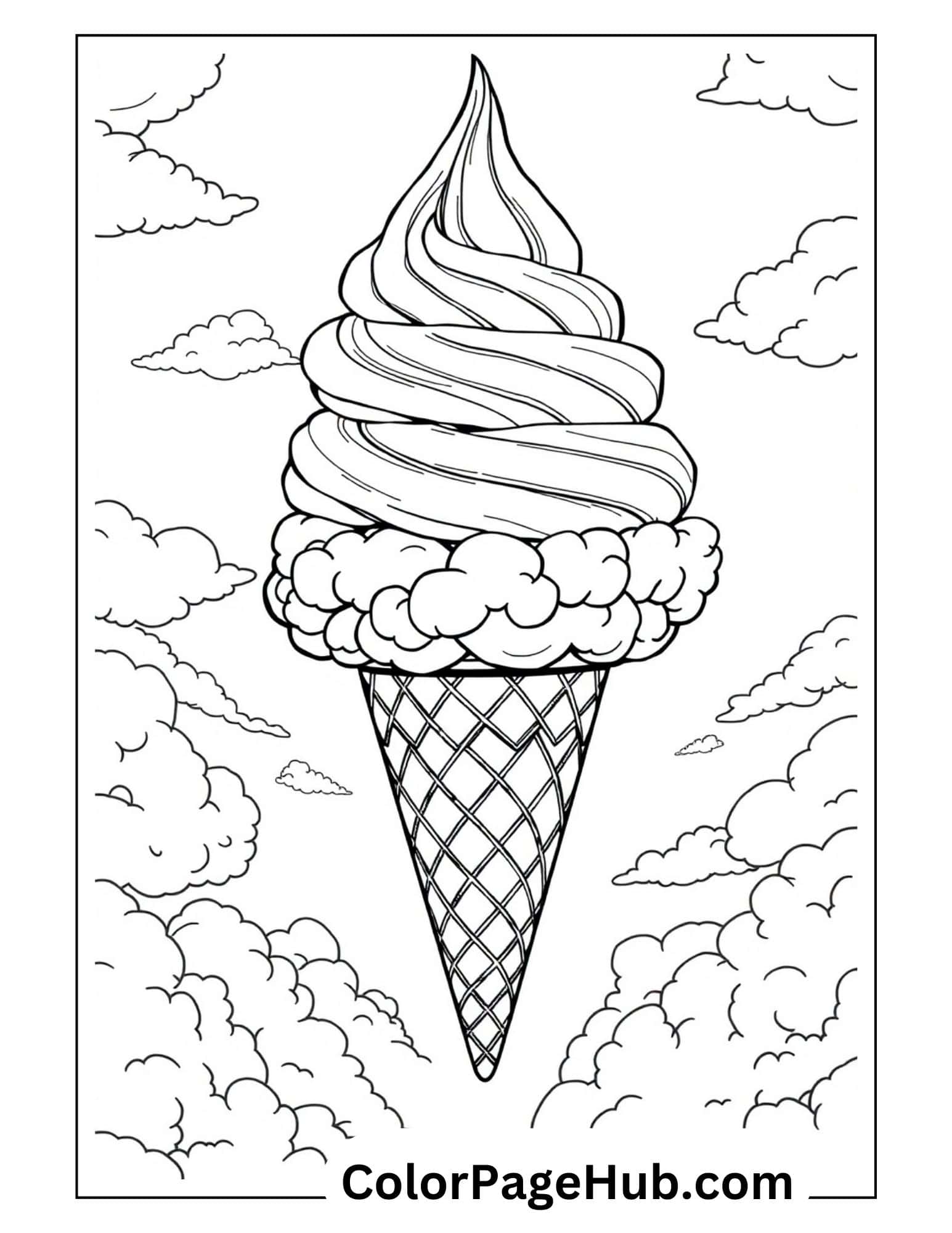Dreamy ice cream coloring pages featuring a soft serve cone floating among fluffy clouds, perfect for summer creativity
