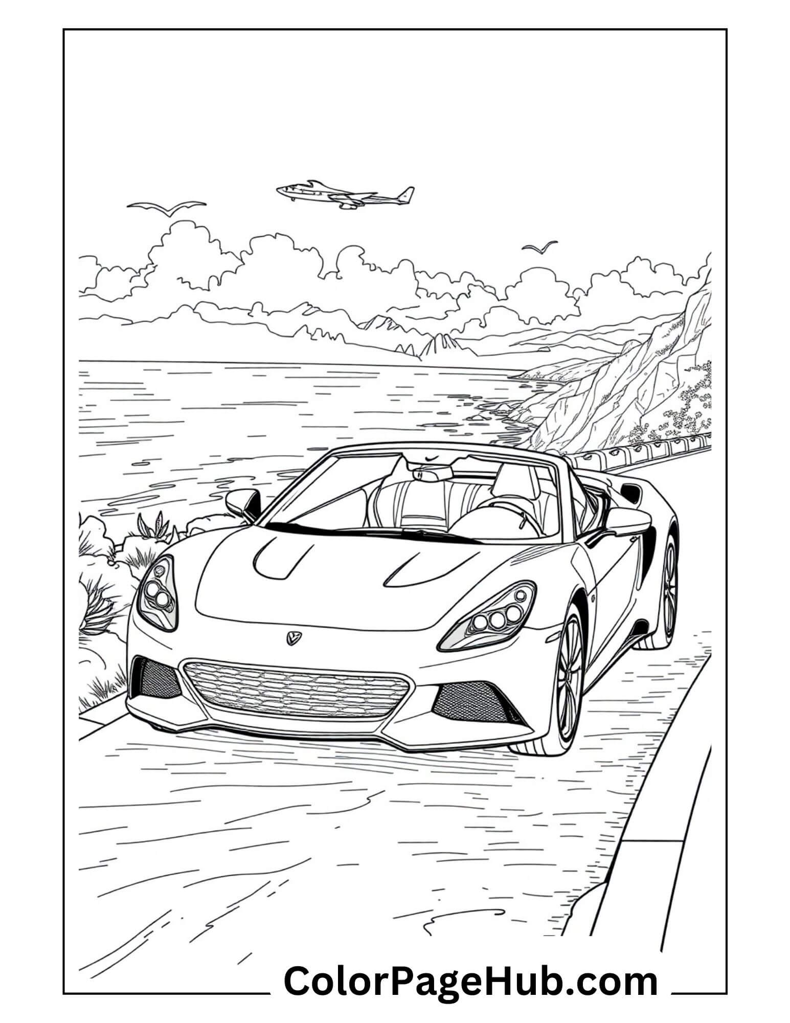 Luxury convertible sports car on coastal highway with airplane overhead - scenic Cars Coloring Page for adults
