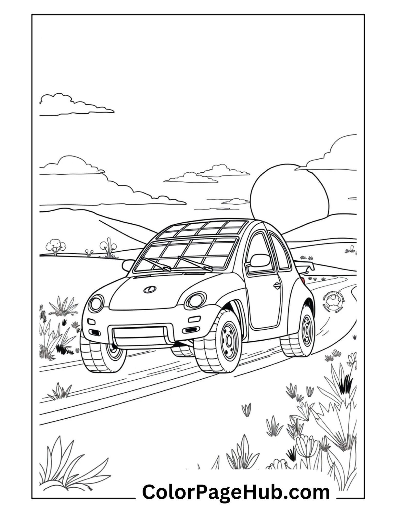 Compact electric car with solar panel roof driving through countryside at sunset - eco-friendly compact cars coloring page for kids