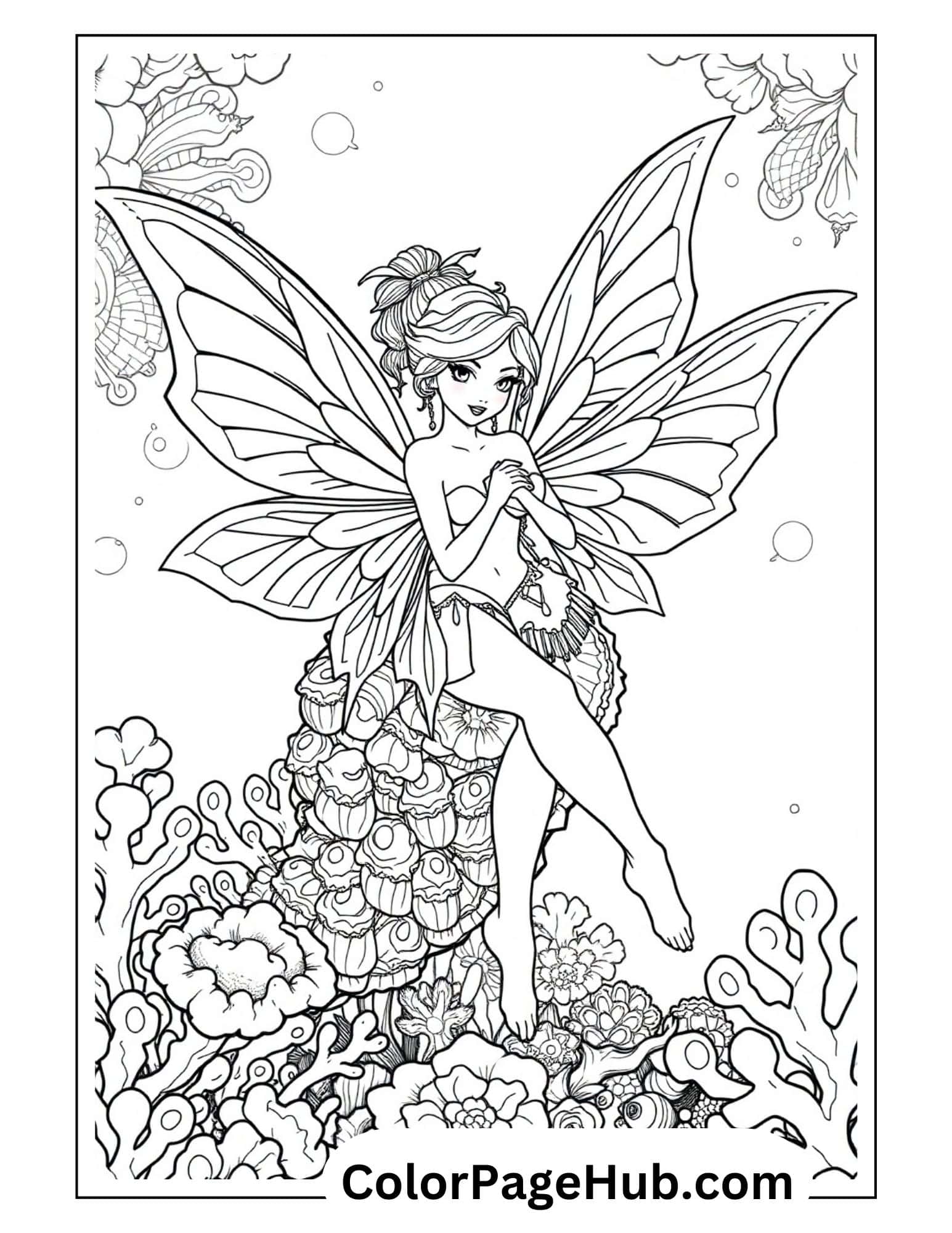 Graceful fairy with butterfly wings perched on mushrooms amid underwater coral garden - intricate fantasy fairy coloring page for adults