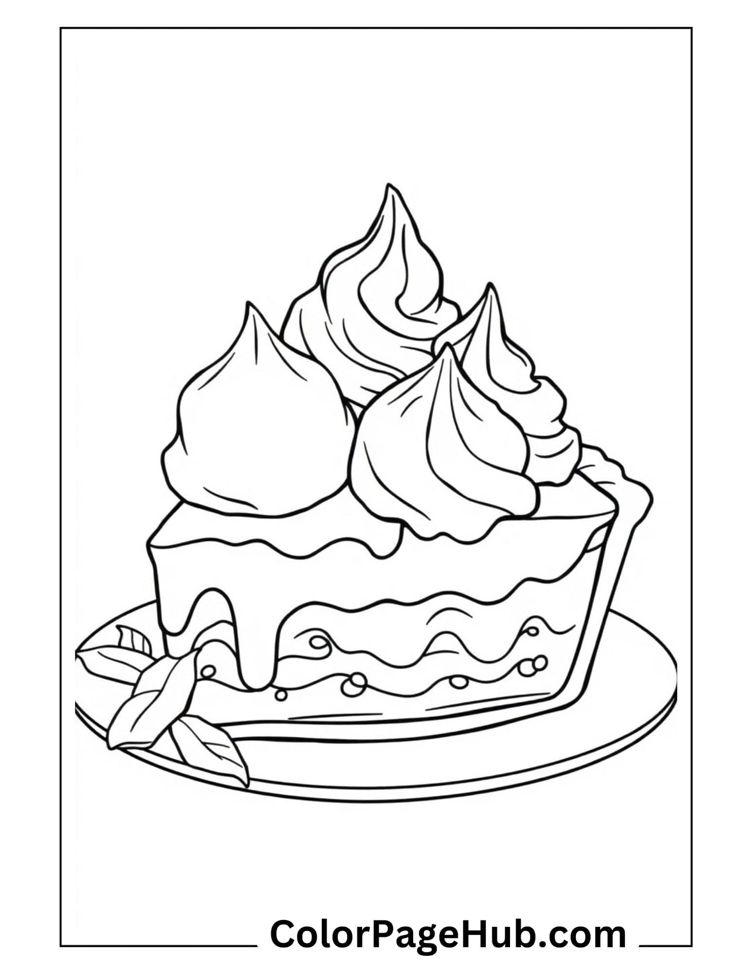 Decadent pie ice cream coloring pages featuring whipped cream-topped dessert on plate with mint garnish
