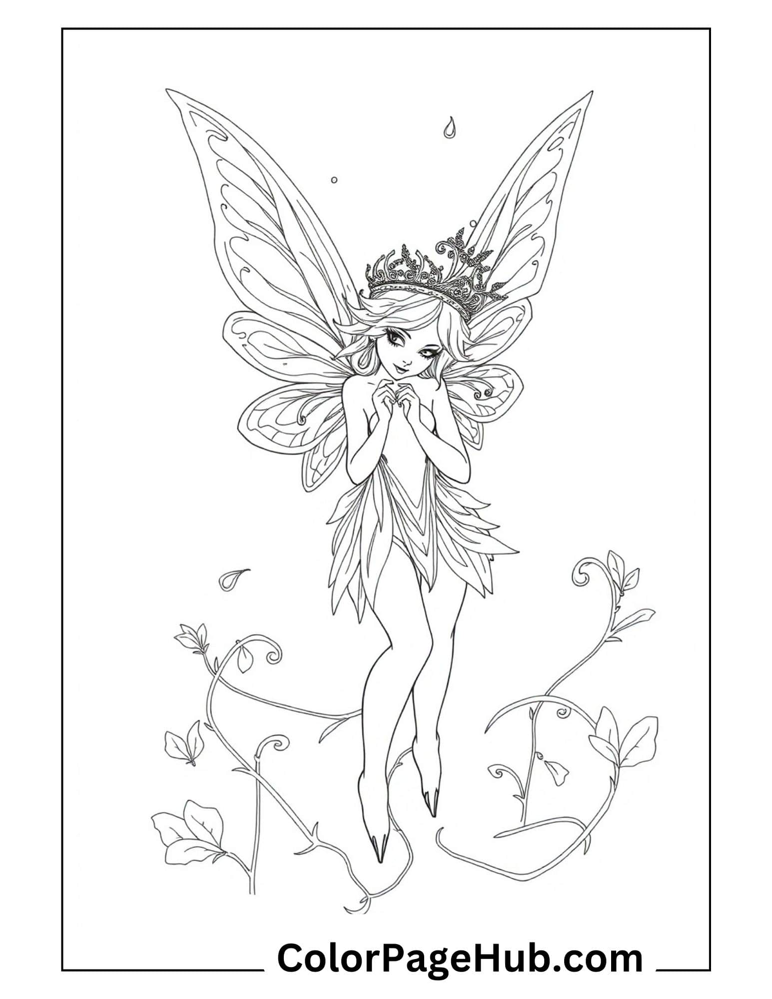 Royal fairy coloring page featuring crowned fairy princess with detailed butterfly wings, leaf dress and delicate vines creating heart shapes below