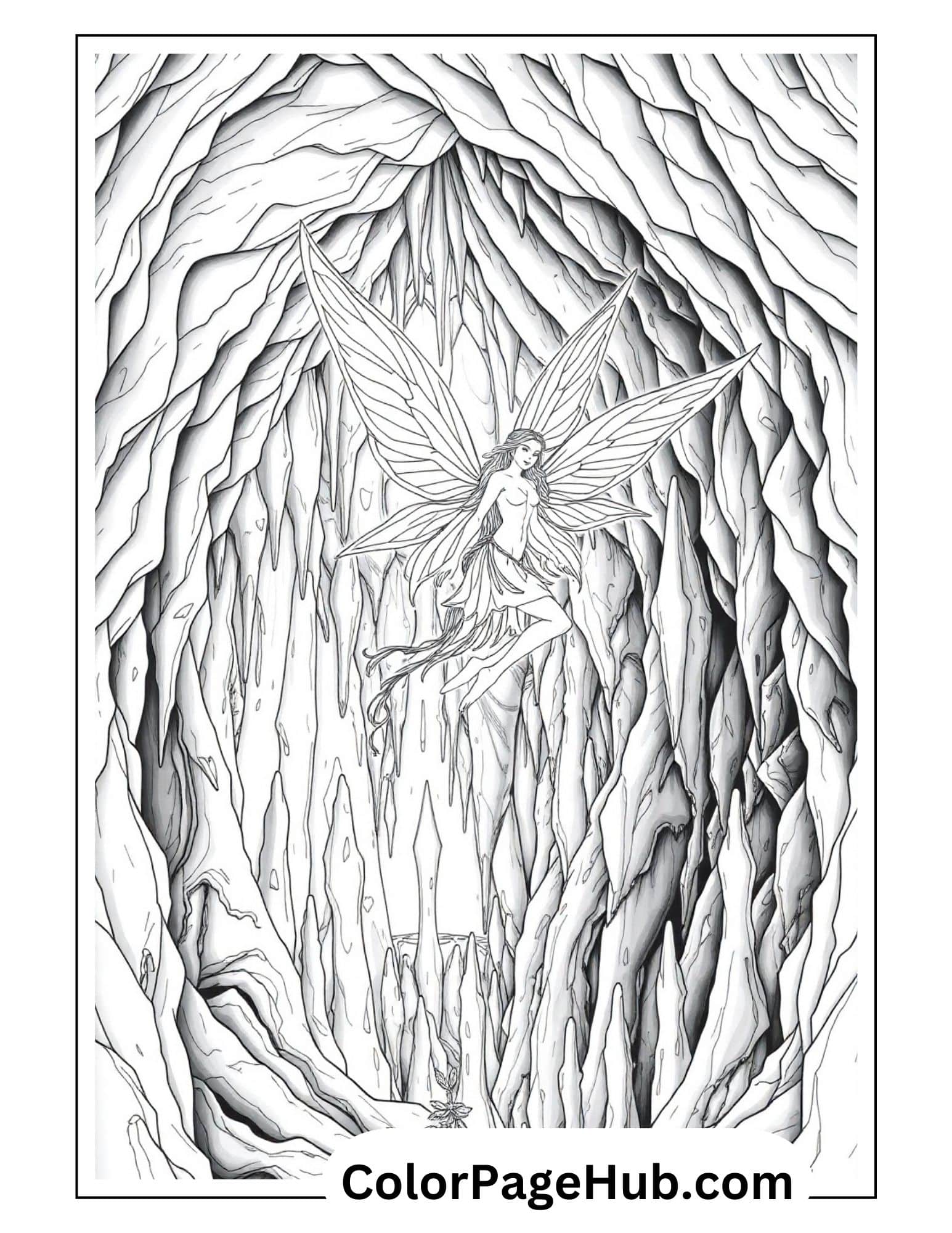 Enchanting fairy coloring page with intricate wings set in a mystical cave environment, perfect for fantasy art enthusiasts