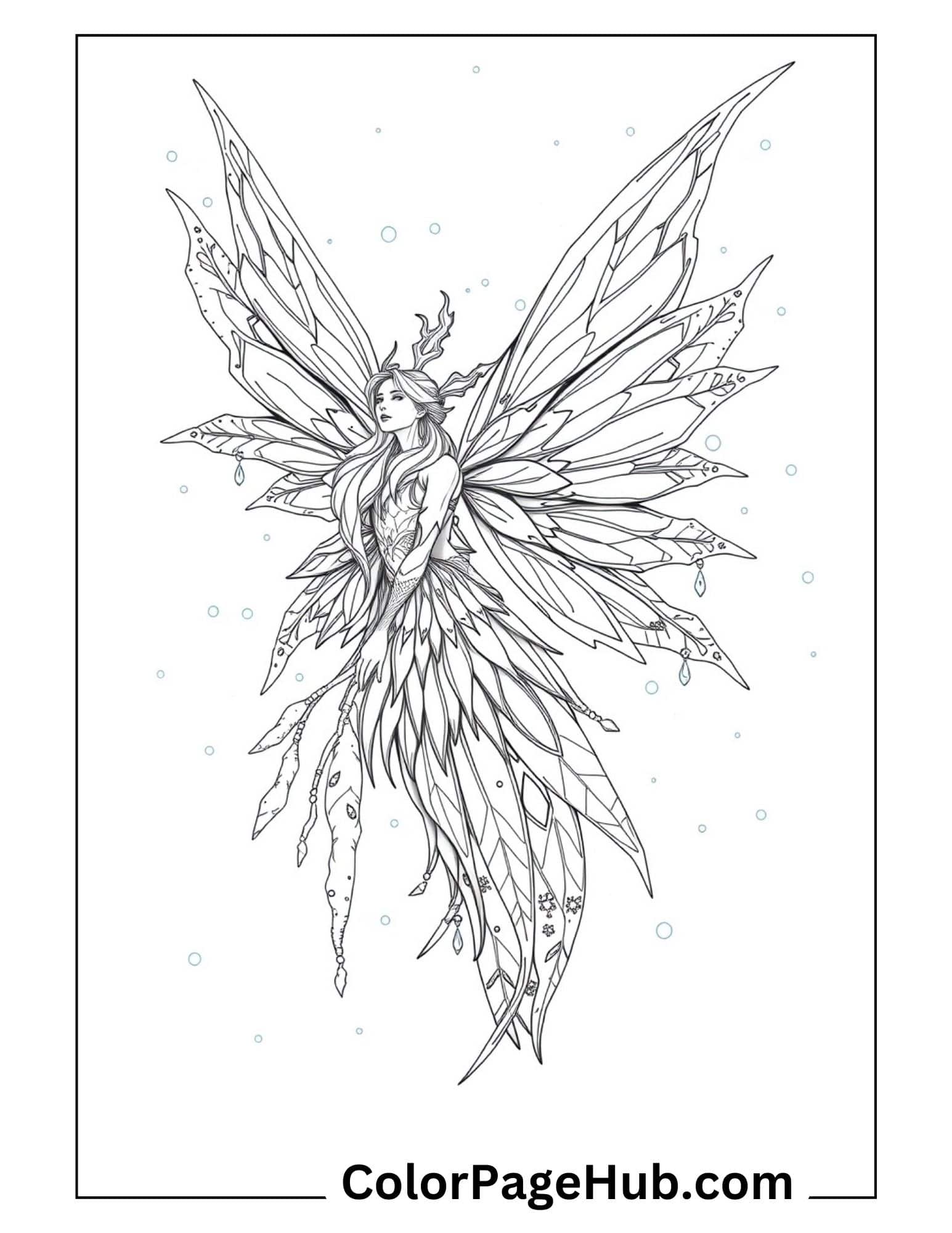 Ethereal winged fairy with elaborate feathered dress surrounded by magical bubbles - elegant fantasy fairy coloring page for advanced colorists