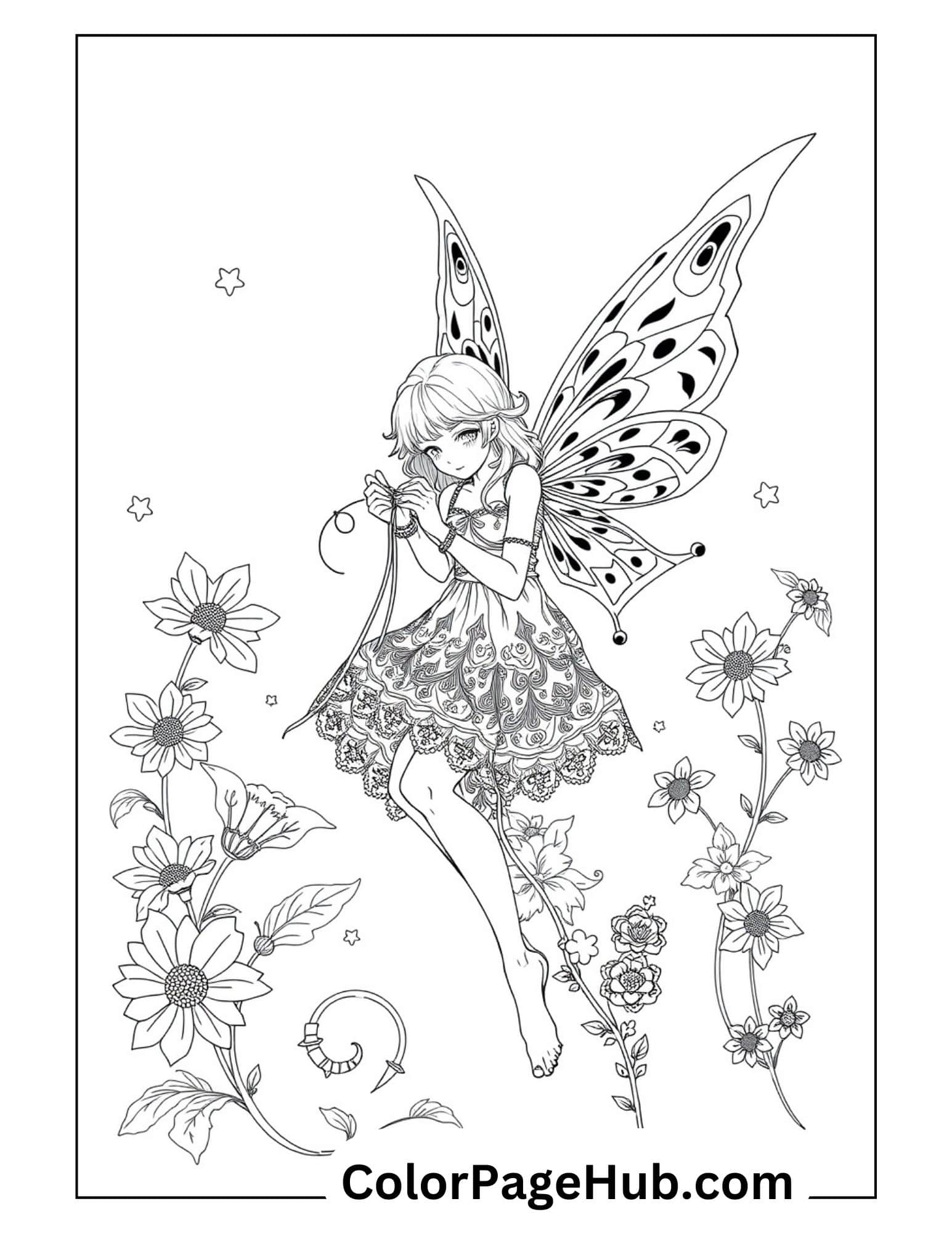 Detailed fairy coloring page of a butterfly-winged fairy in an ornate dress dancing among sunflowers and stars