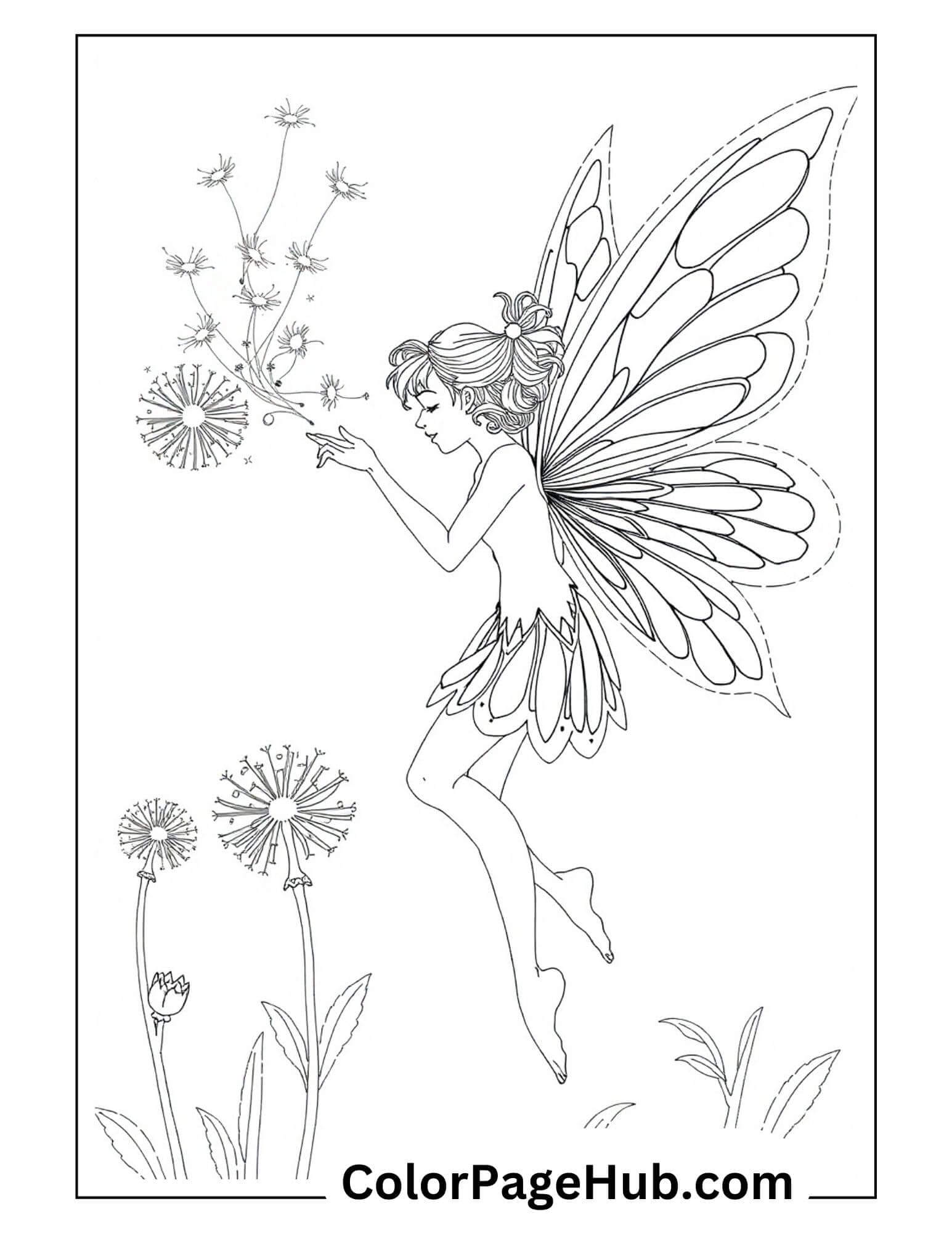 Whimsical fairy with butterfly wings blowing dandelion seeds - enchanting garden fairy coloring page for nature lovers and dreamers