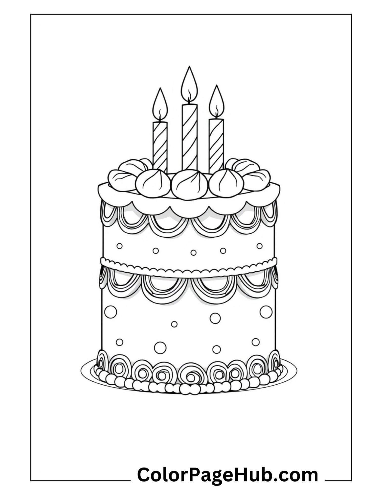 Delightful Happy Birthday Coloring Page showcasing a classic tiered cake with candles, perfect for creative celebration fun