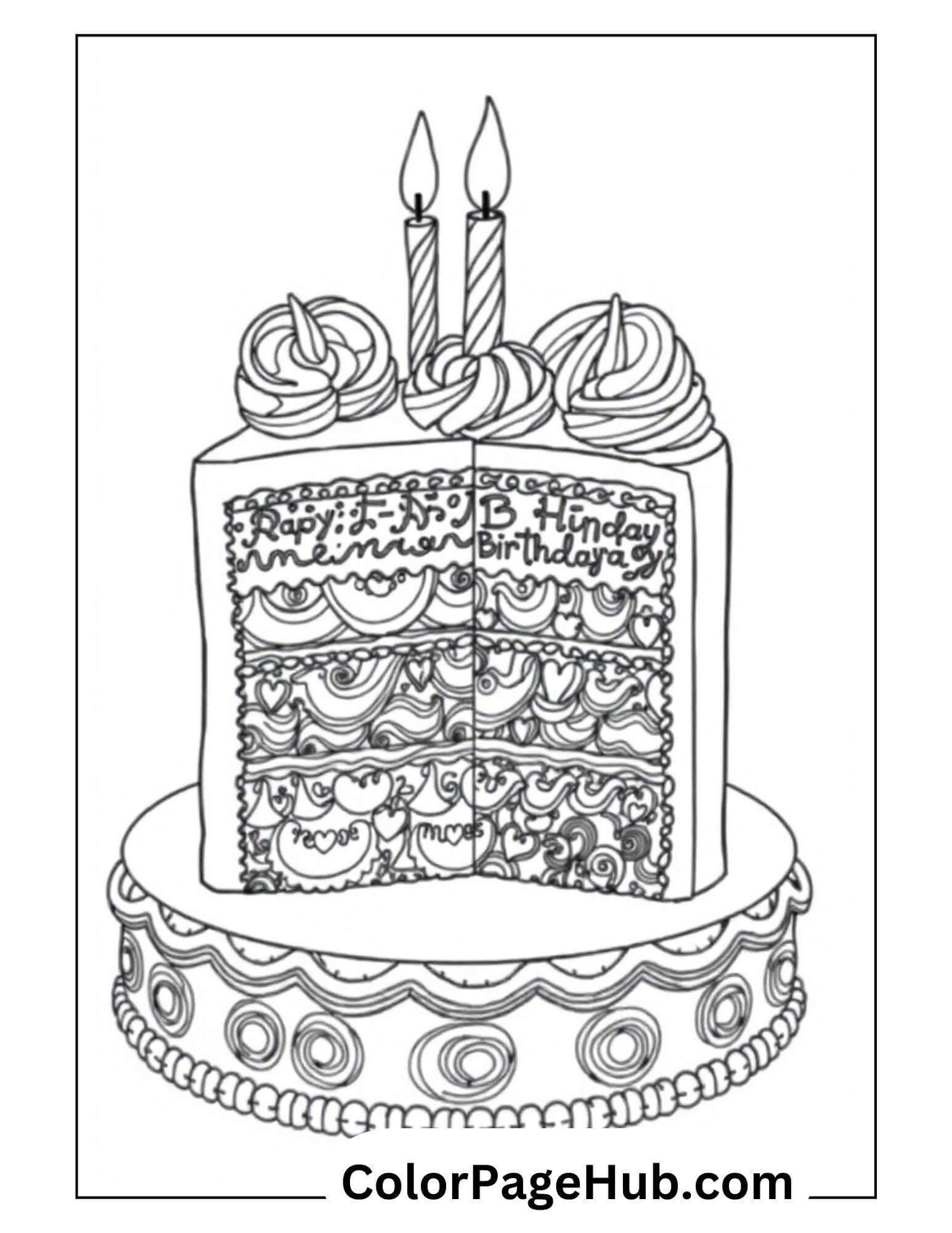 Line drawing of a decorated birthday cake with two lit candles, perfect for Happy Birthday coloring pages. The cake boasts intricate patterns like swirls and waves, and the layers display Happy Birthday text. Circular designs adorn the base, completing this artistic celebration.