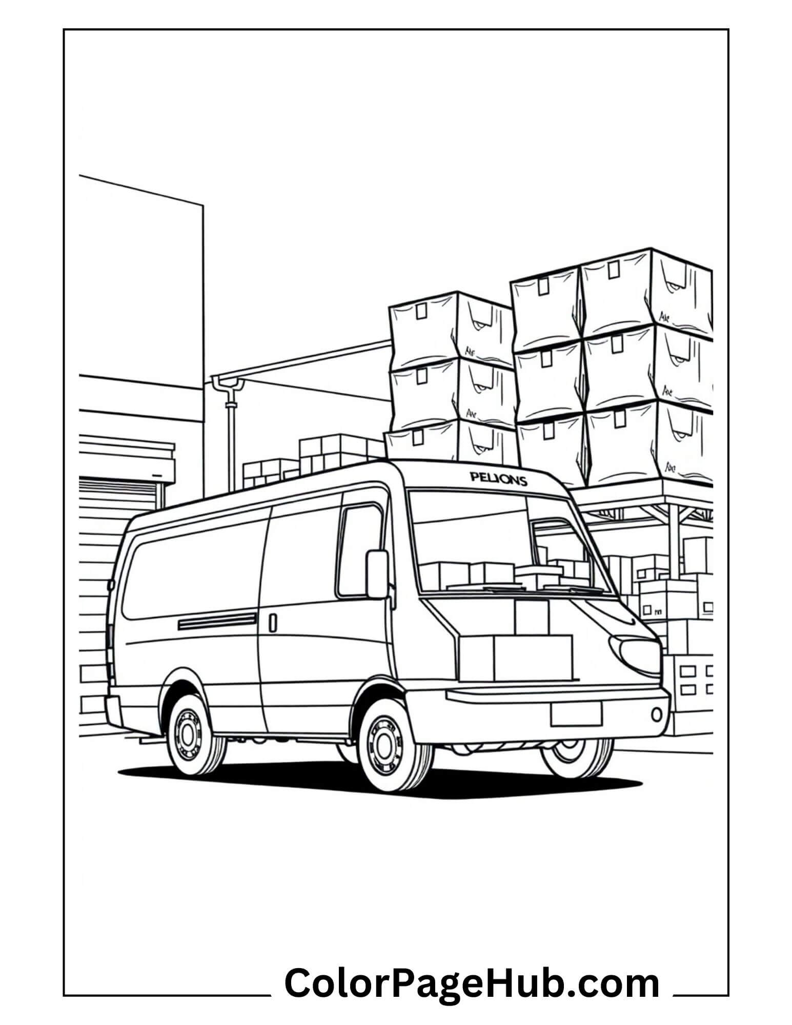 Delivery van at loading dock with stacked shipping boxes - commercial Cars Coloring Page for kids who love trucks
