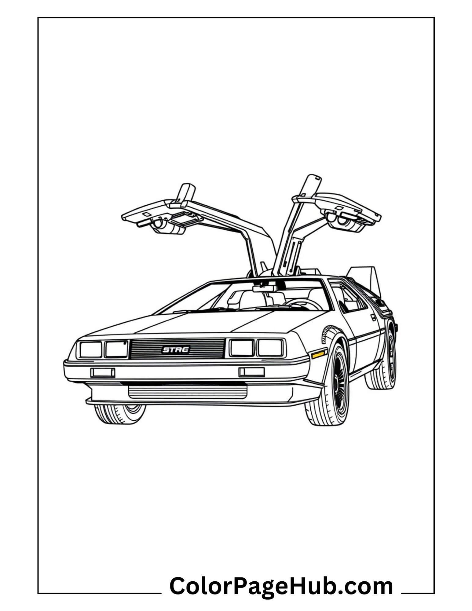 DeLorean DMC-12 with iconic gull-wing doors open - legendary Back to the Future movie cars coloring page for sci-fi enthusiasts