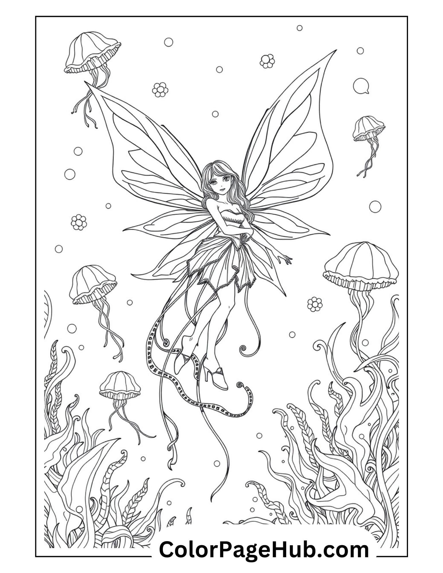 Fairy Coloring Page featuring a magical fairy surrounded by jellyfish, ideal for an imaginative and relaxing activity