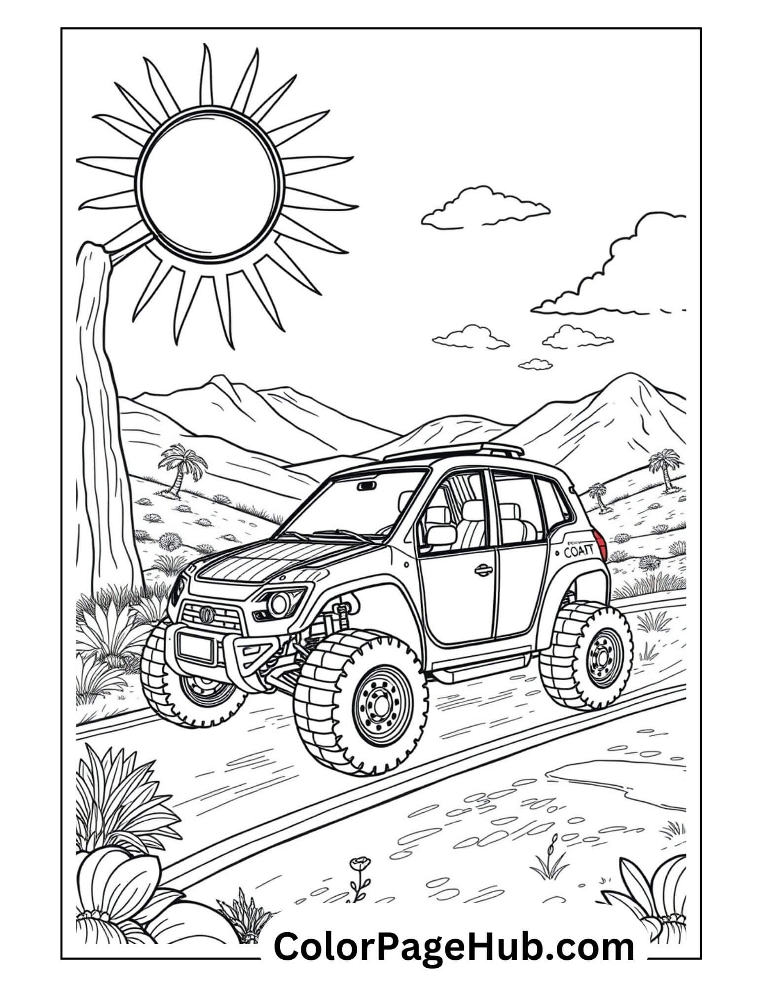Off-road SUV driving through desert landscape with mountains and bright sun - adventure 4x4 cars coloring page for outdoor enthusiasts