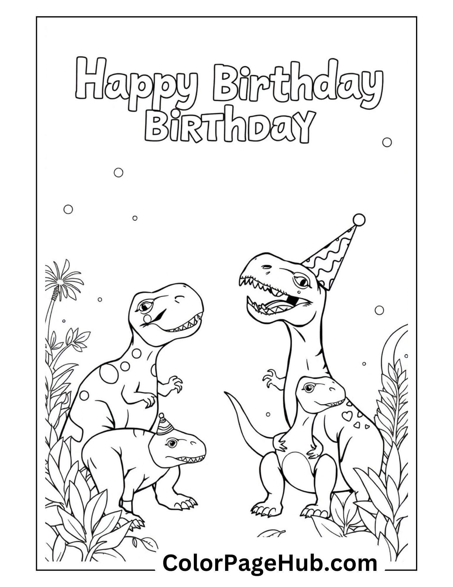 A delightful coloring page features three smiling dinosaurs surrounded by plants. One dinosaur sports a festive party hat. Above them, the text reads Happy Birthday. Tiny dots are scattered across this cheerful scene, perfect for those enjoying Happy Birthday Coloring Pages.