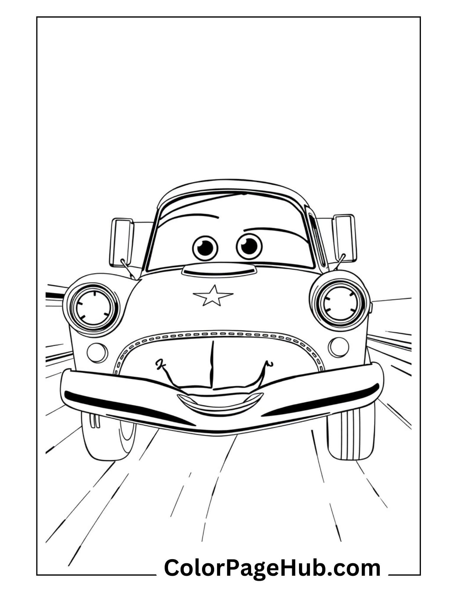 Smiling Sheriff character from Disney Pixar Cars with star badge and expressive eyes - animated movie cars coloring page for young children