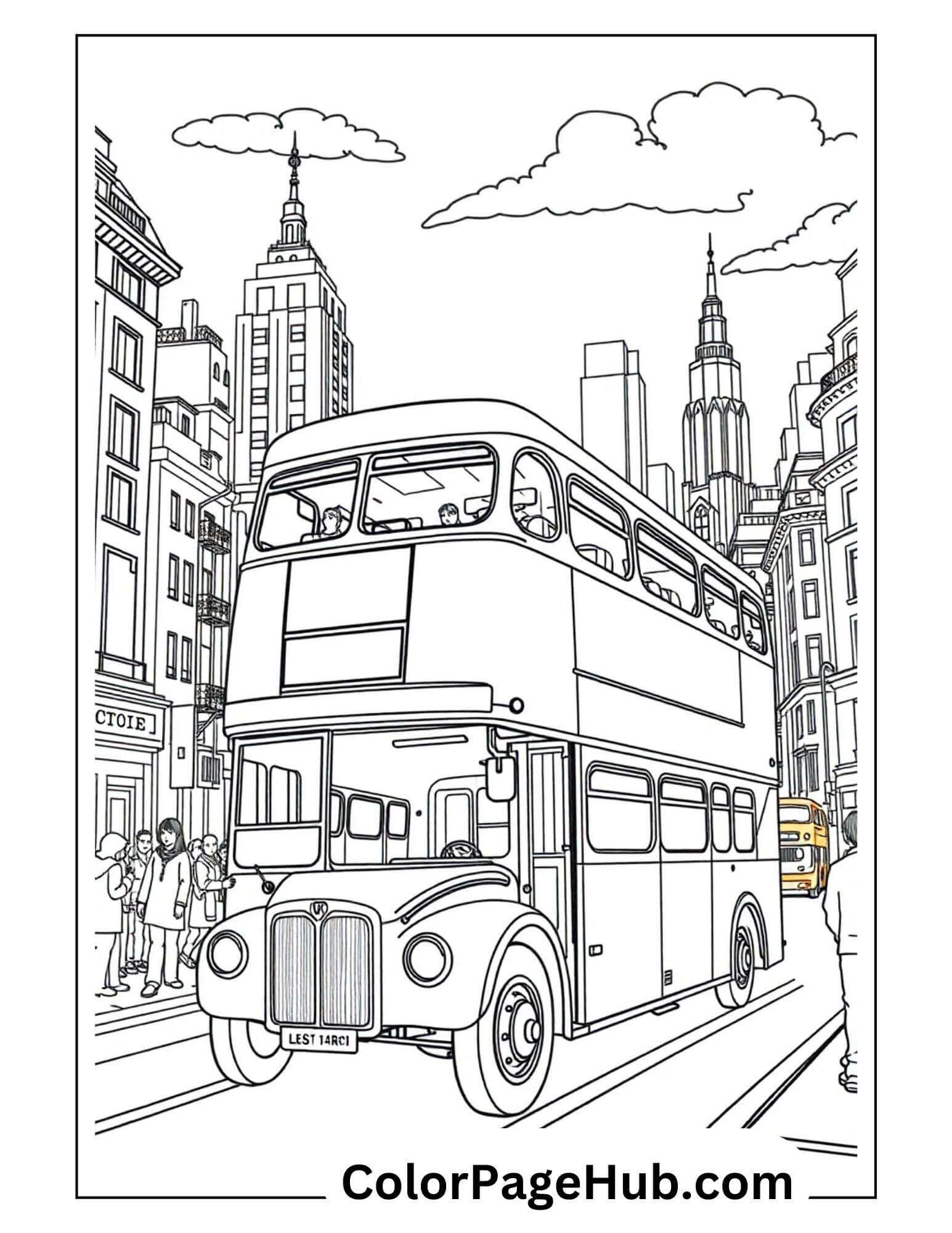 Classic London double-decker bus in city with Empire State Building skyline - vintage Cars Coloring Page for transport fans
