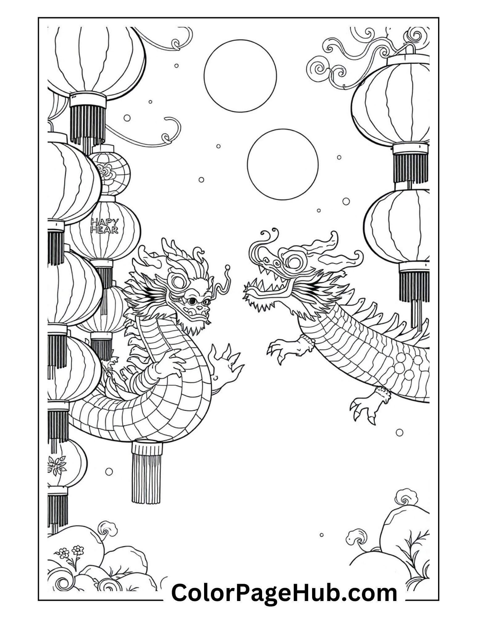 Happy Birthday Coloring Page featuring two Chinese dragons, lanterns, and festive elements. A fun and detailed printable for all ages.