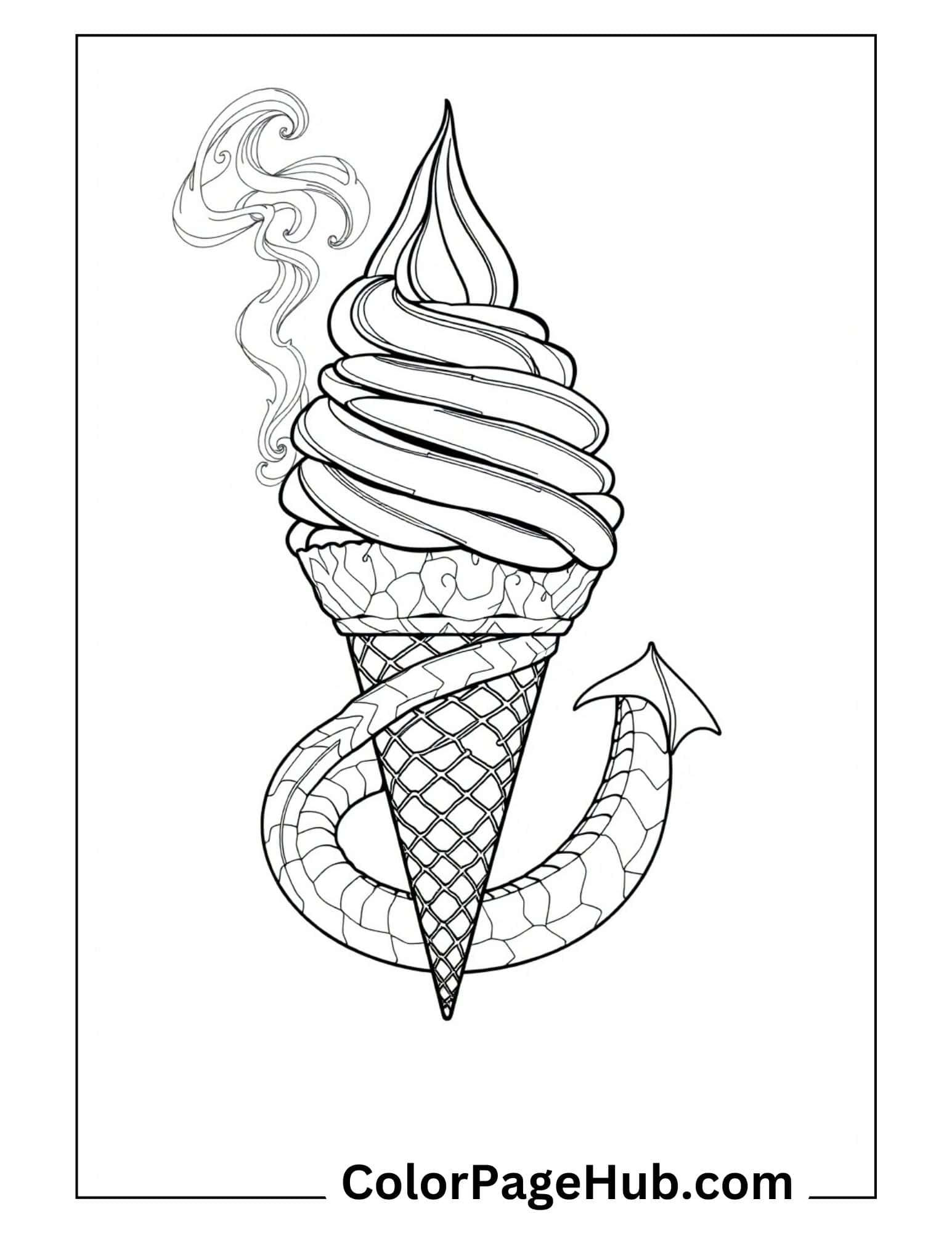Dragon-themed ice cream coloring pages featuring a magical soft serve cone with a scaly tail, mystical steam and detailed waffle pattern.
