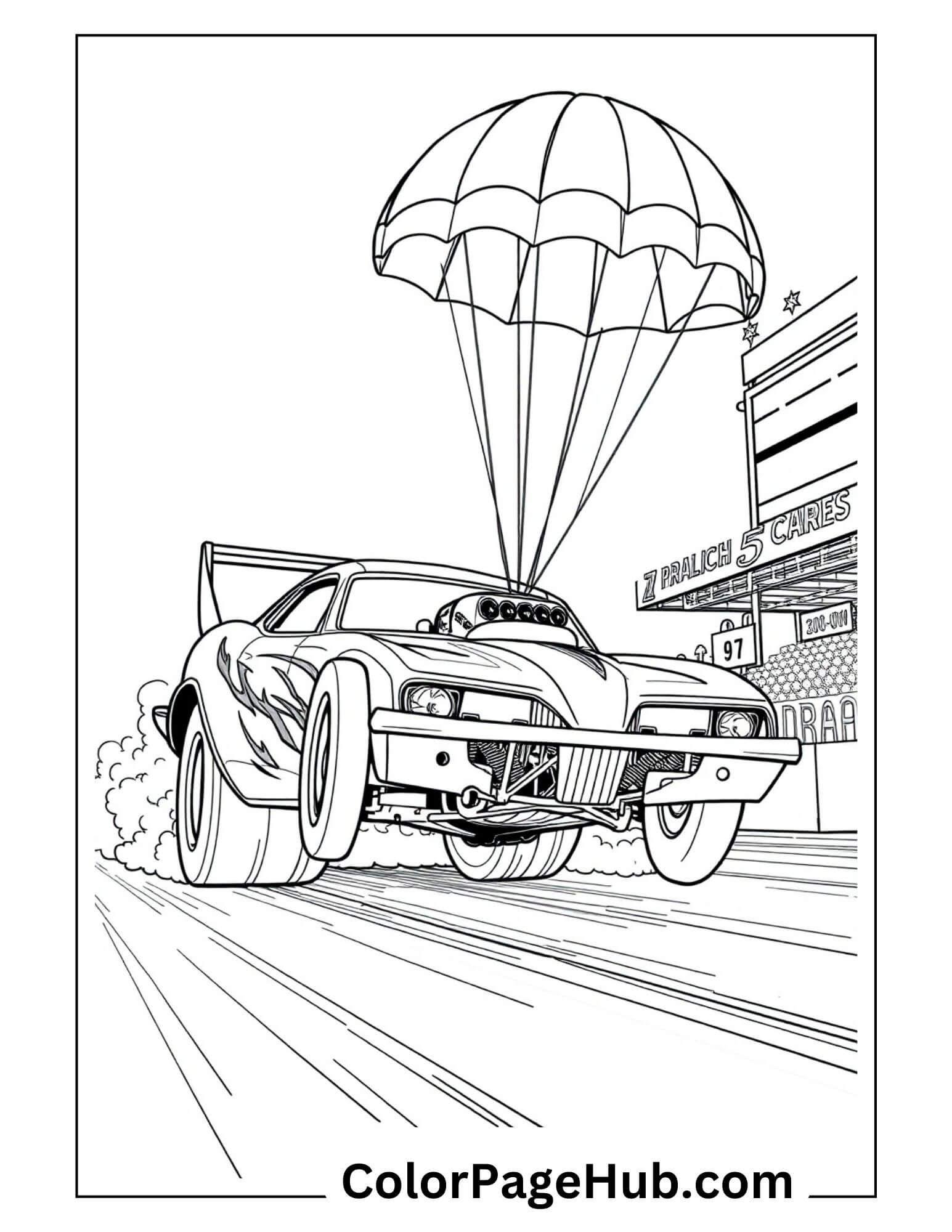 Drag racing car popping a wheelie with deployed parachute at speedway - action-packed Cars Coloring Page for motorsport fans