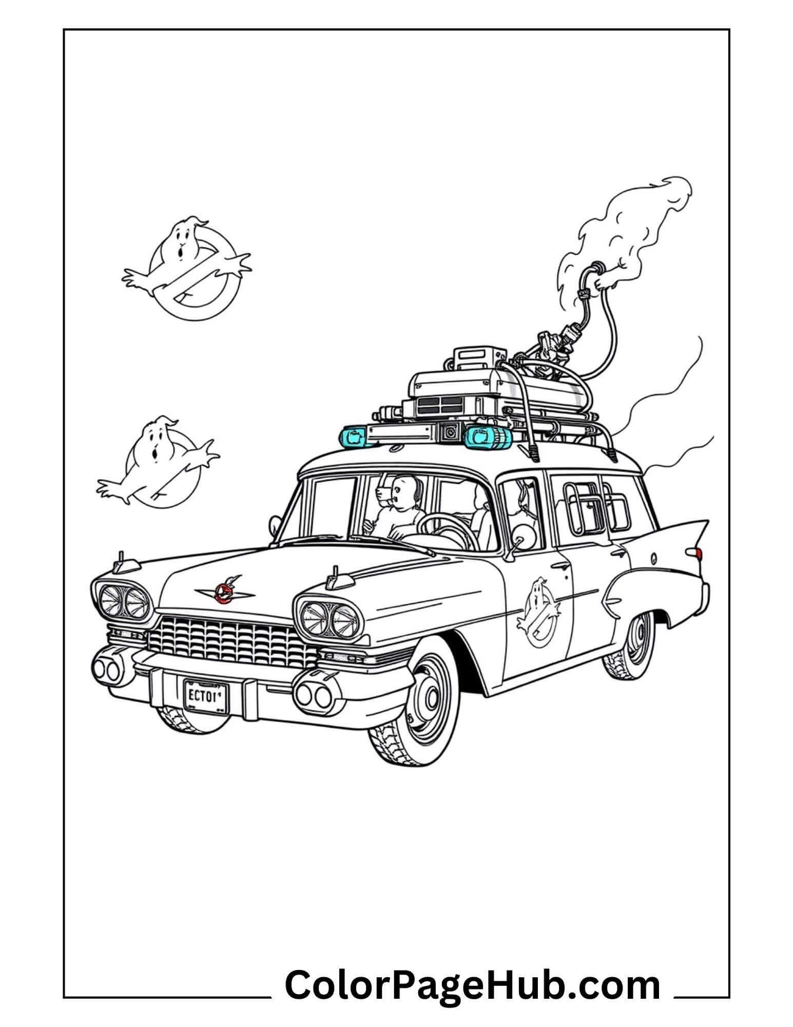 Ecto-1 Ghostbusters car with ghost logos and roof equipment - iconic movie vehicles cars coloring page for paranormal fans
