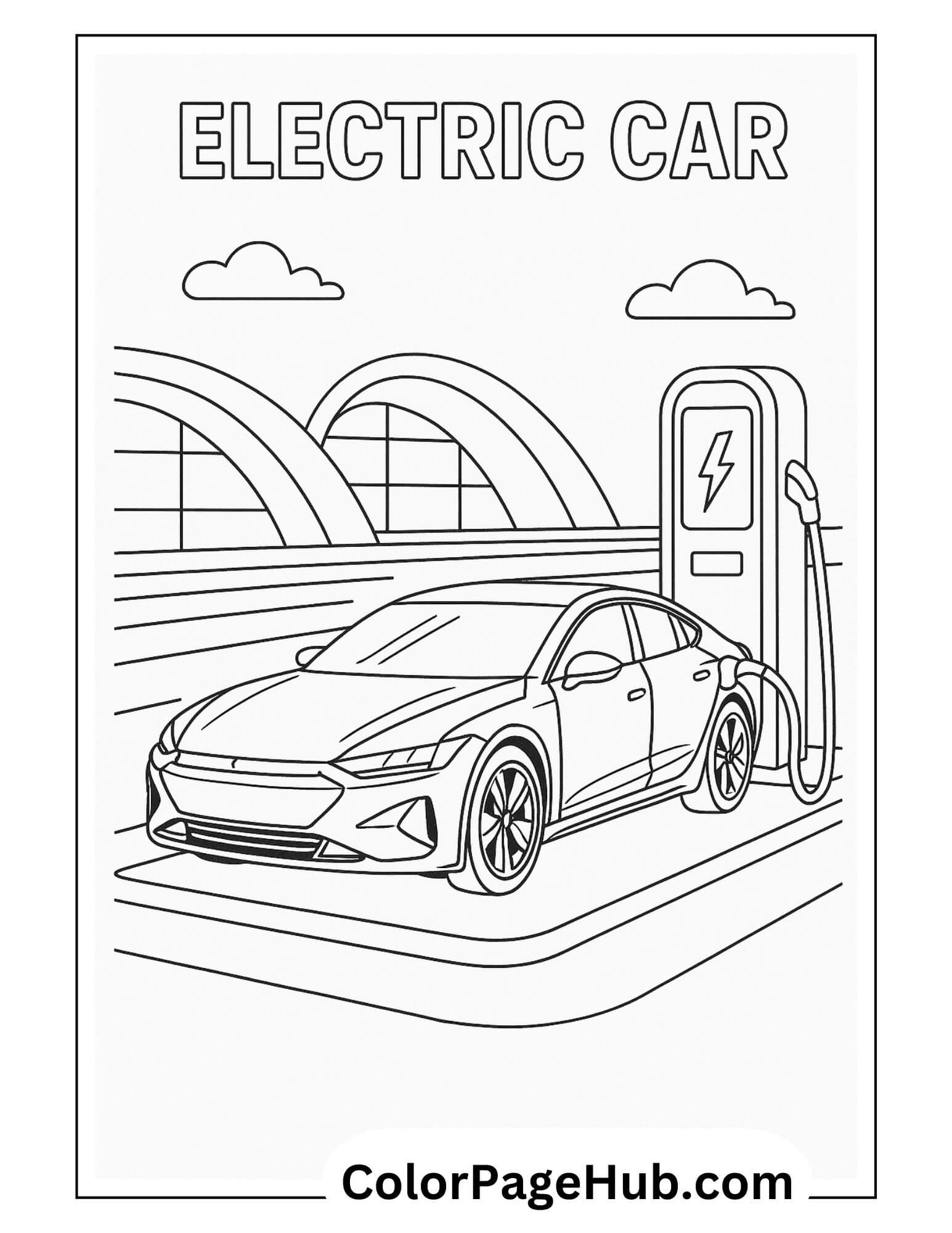 Electric car charging at a station with modern city background – fun and eco-friendly cars coloring page for kids to enjoy