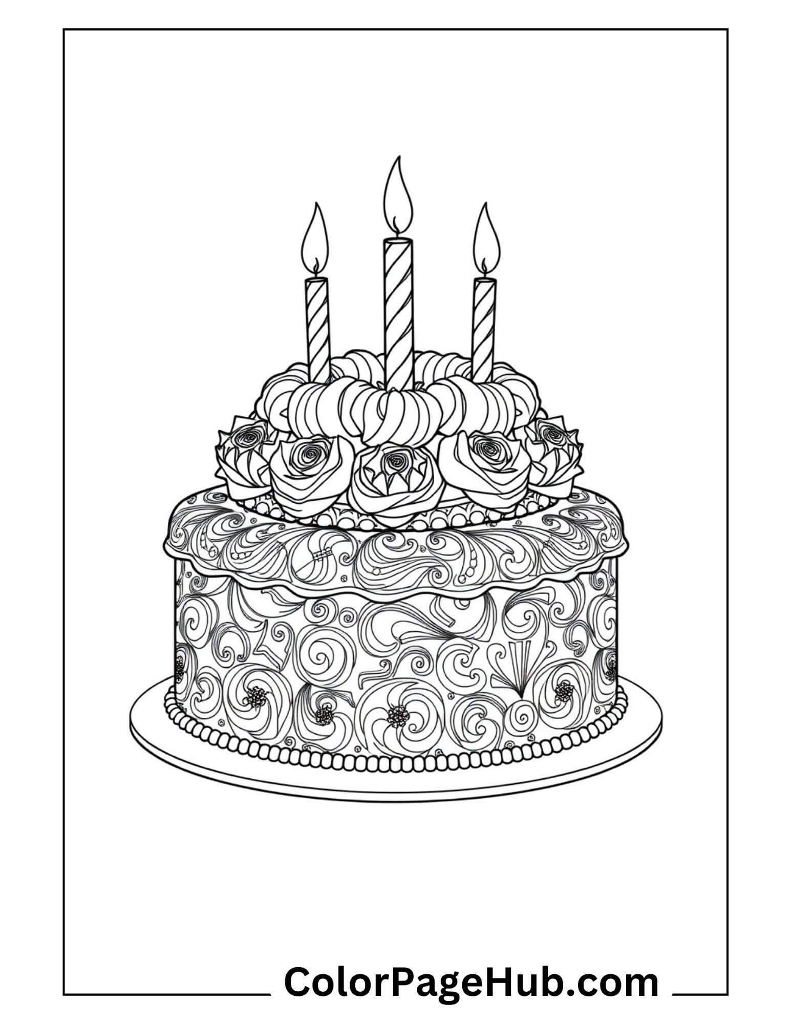 Line drawing of an ornate cake with intricate patterns, featured in our Happy Birthday Coloring Pages. It’s topped with three lit candles and decorative roses, detailed with swirls and curls, set on a round plate.